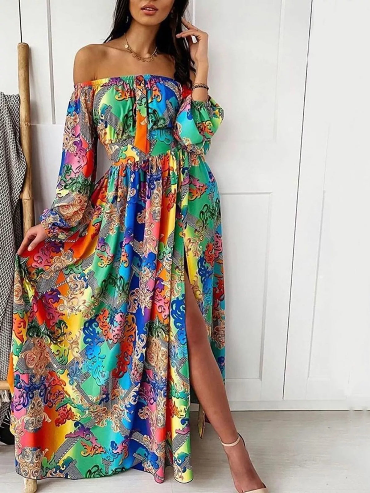 Printed Off-Shoulder Maxi Dress with Slit