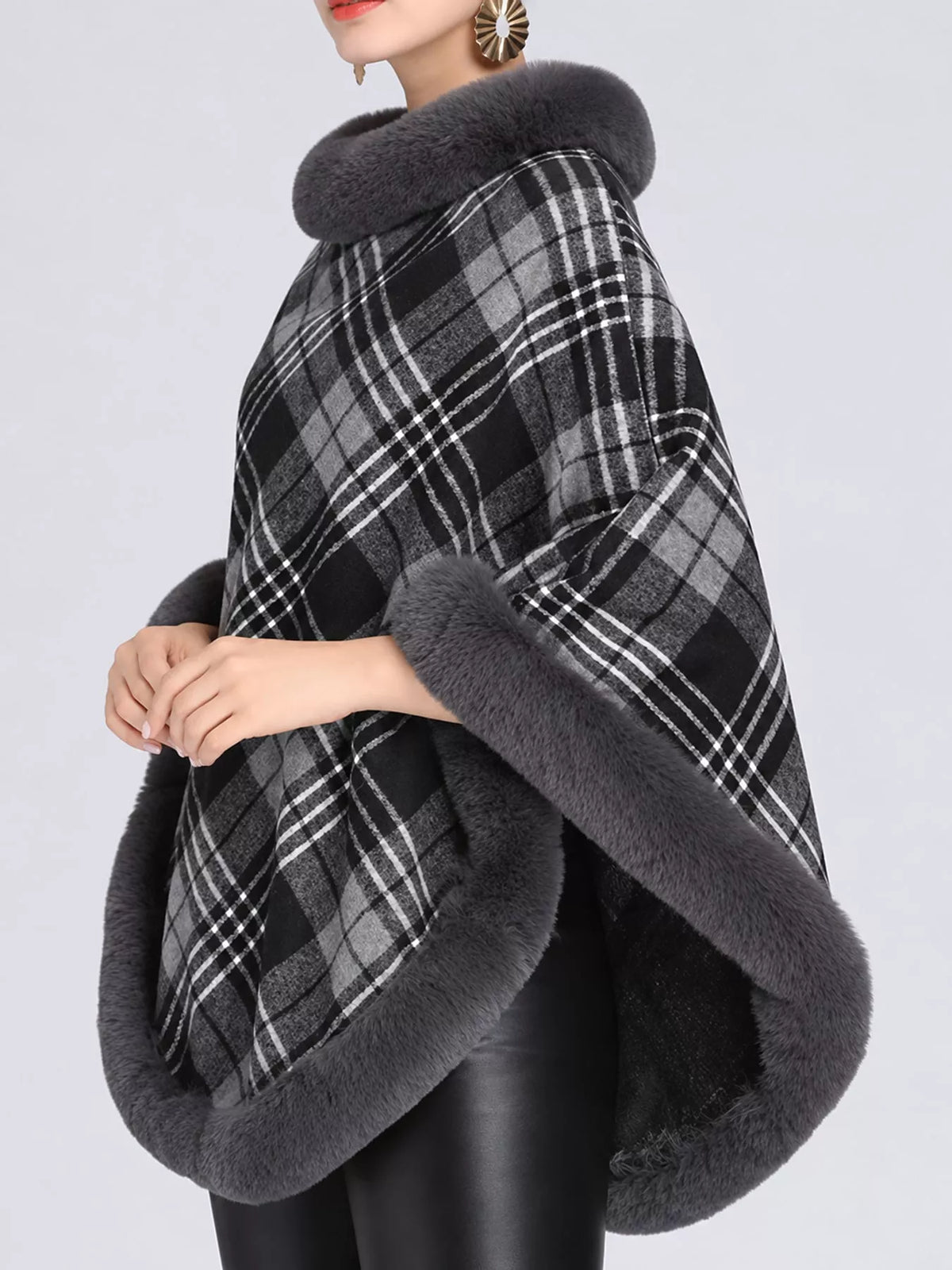 Plaid Faux Fur Trim Poncho Cape
