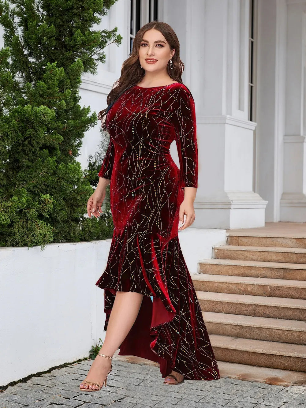 Ruffle Hem High-Low Dress in Burgundy
