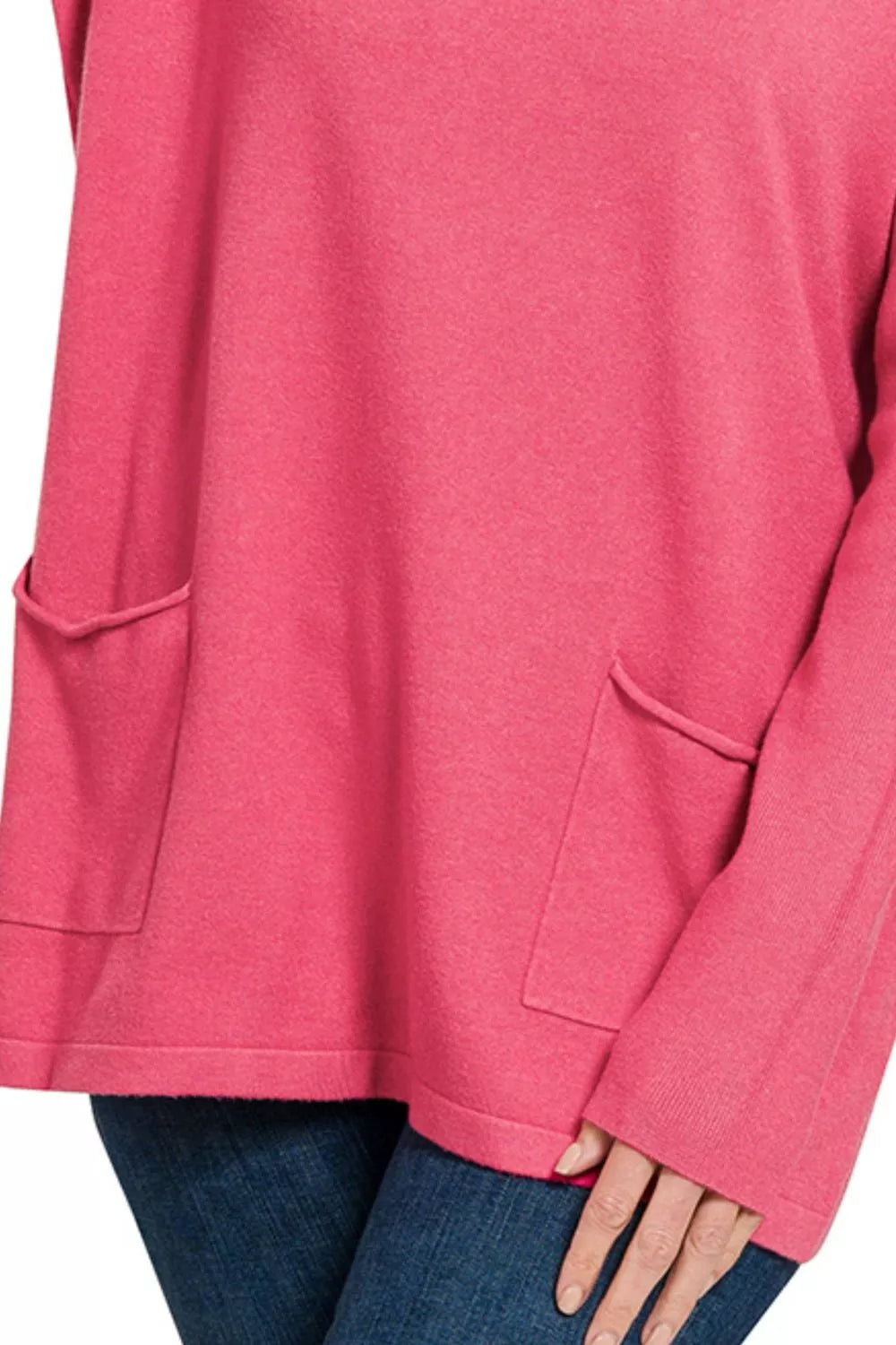 Zenana Long Sleeve Sweater with Front Pockets in Viva Magenta in H viva magenta