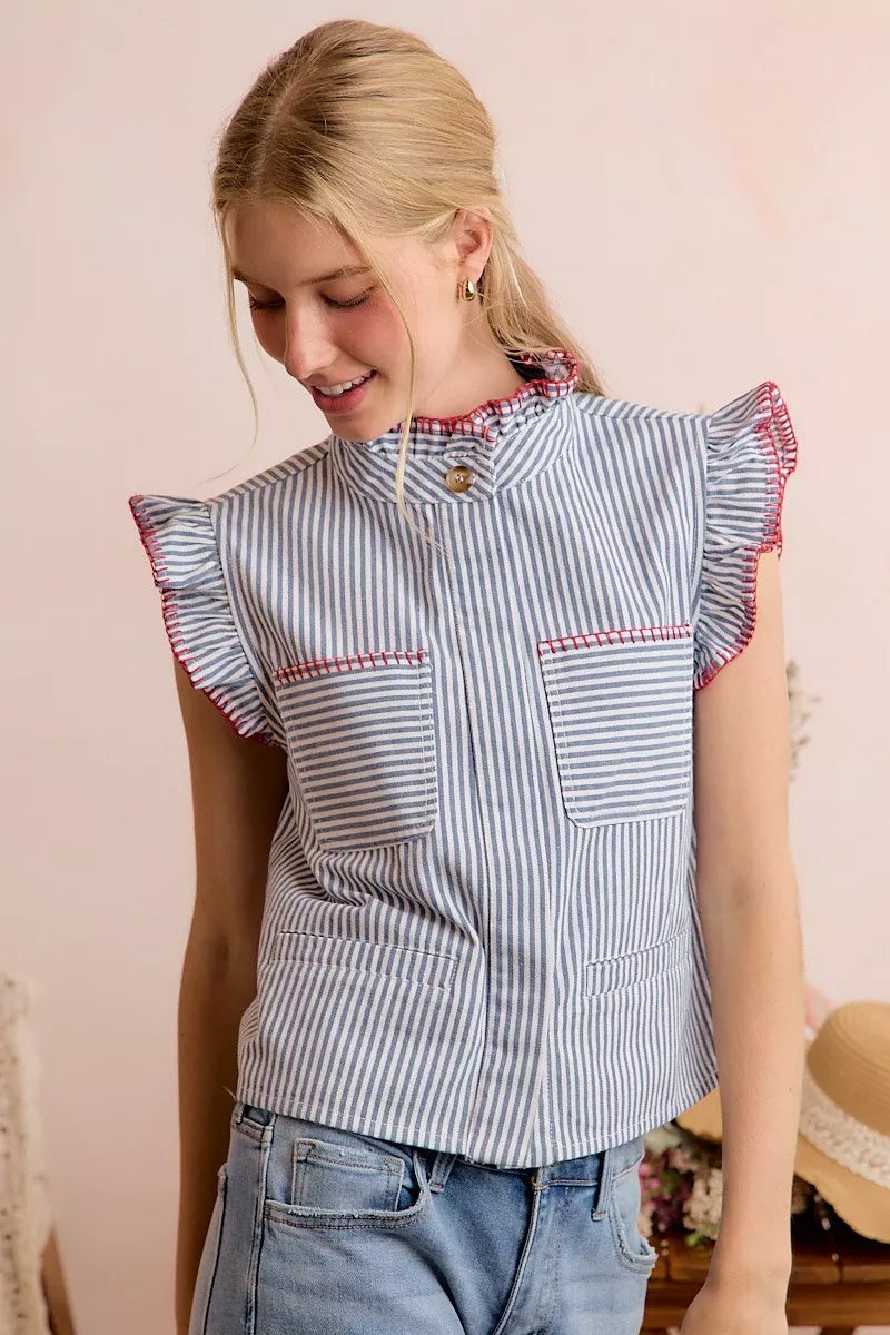 So Me Striped Ruffled Vest Top in Blue and Red in Blue/Red