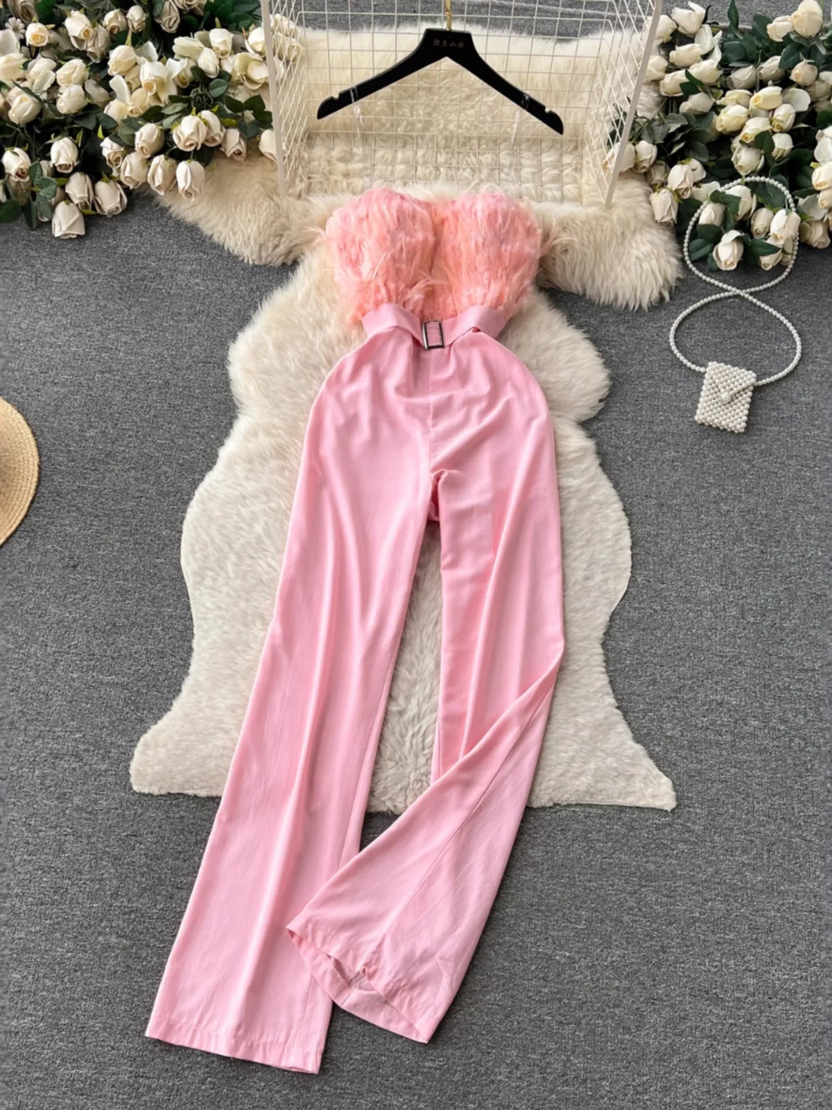 Feather-Trim Strapless Wide Leg Jumpsuit