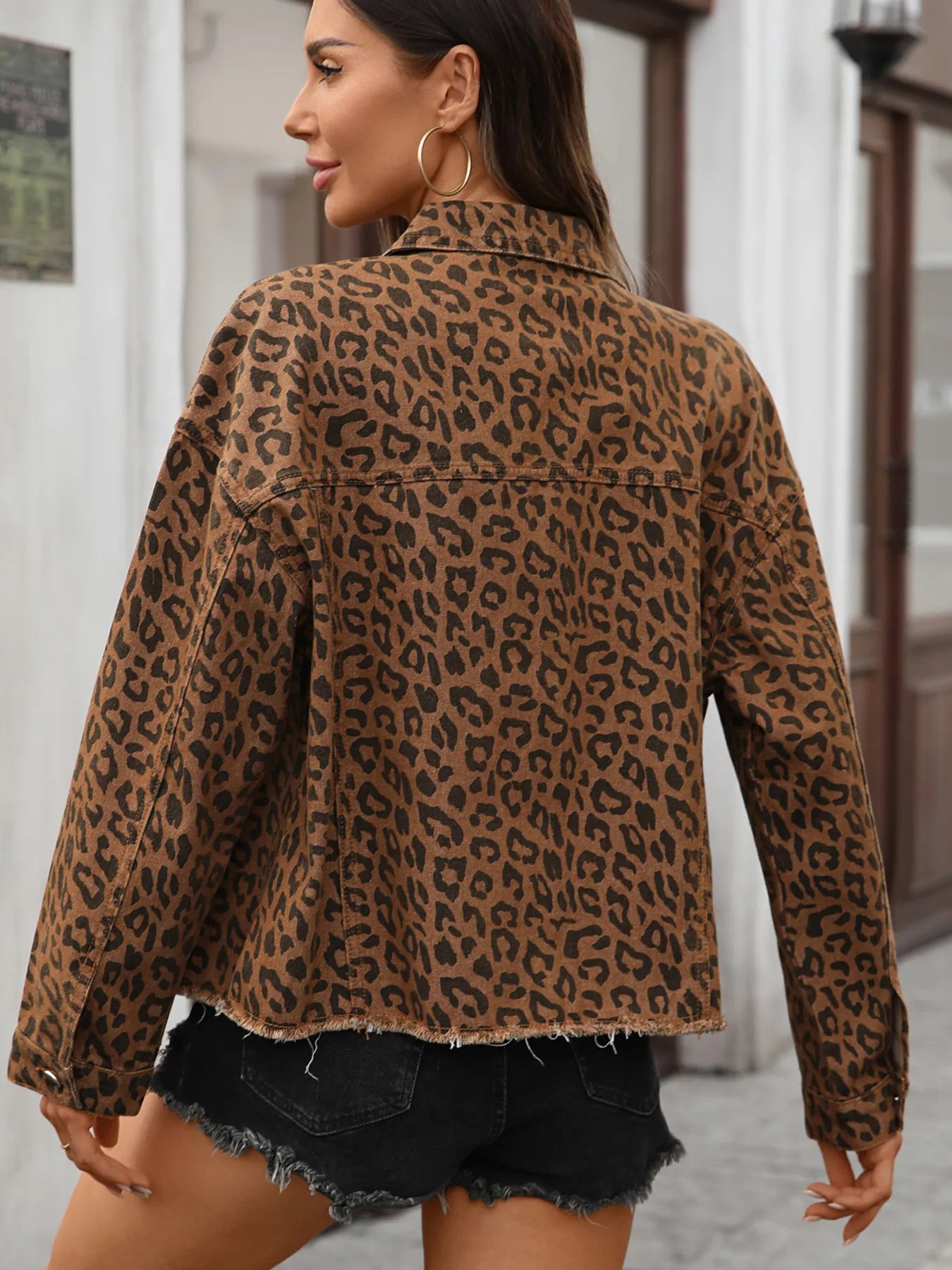 Leopard Print Raw Hem Denim Jacket by Moni Wear