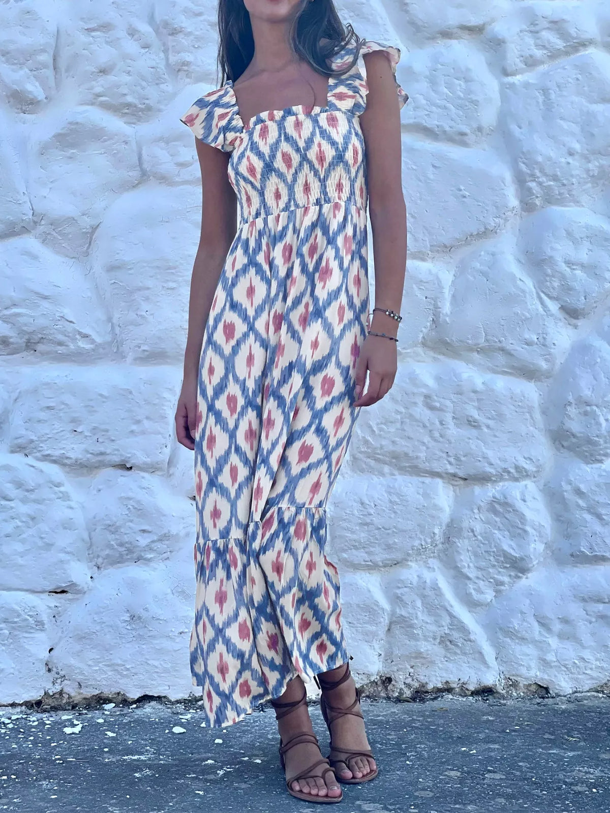 Smocked Ruffle Sleeve Maxi Dress in Floral