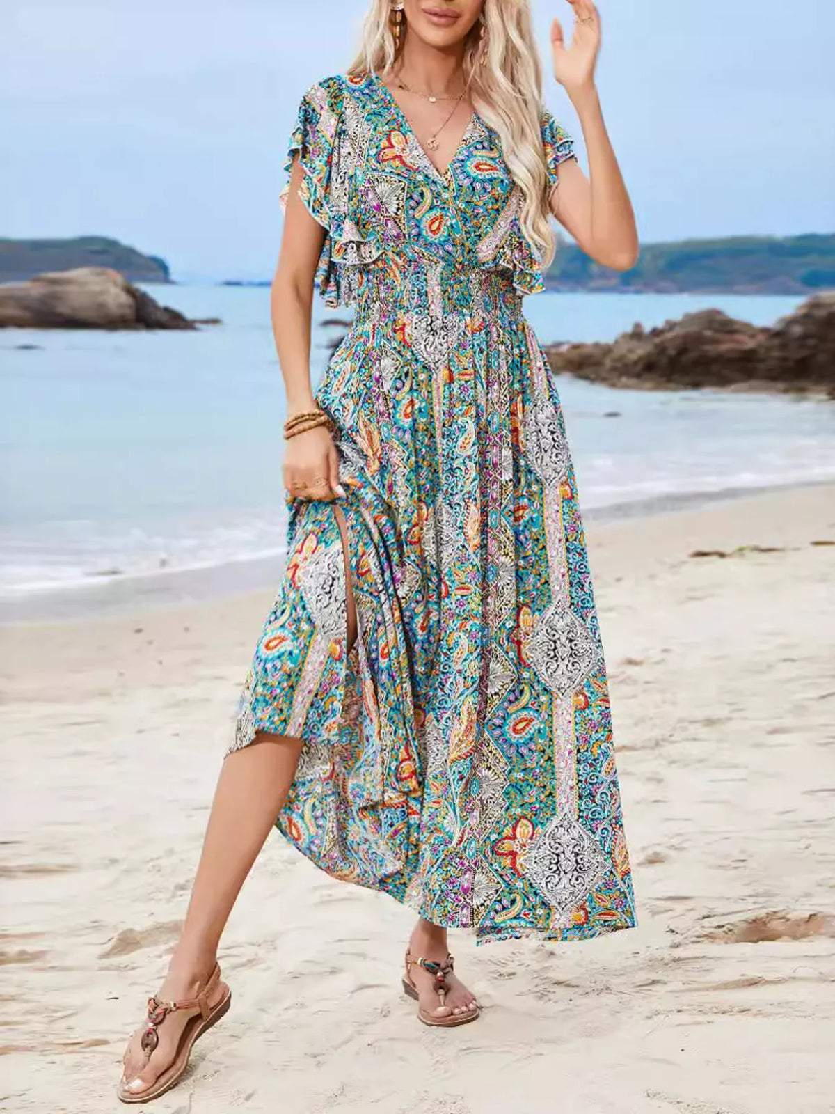 Paisley Print Flutter Sleeve Maxi Dress in Multicolor