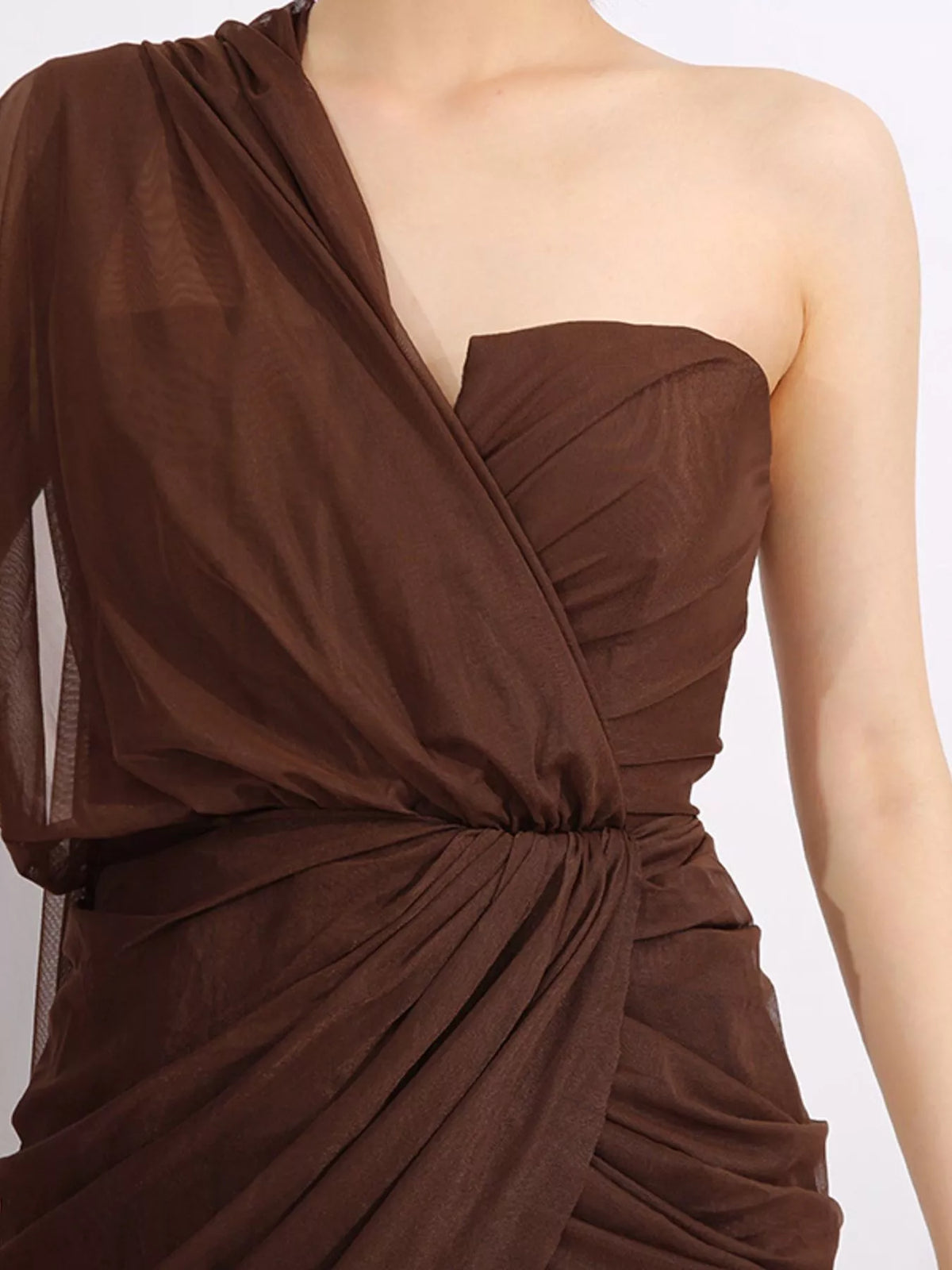 One-Shoulder Mesh Dress in Coffee in Coffee Color