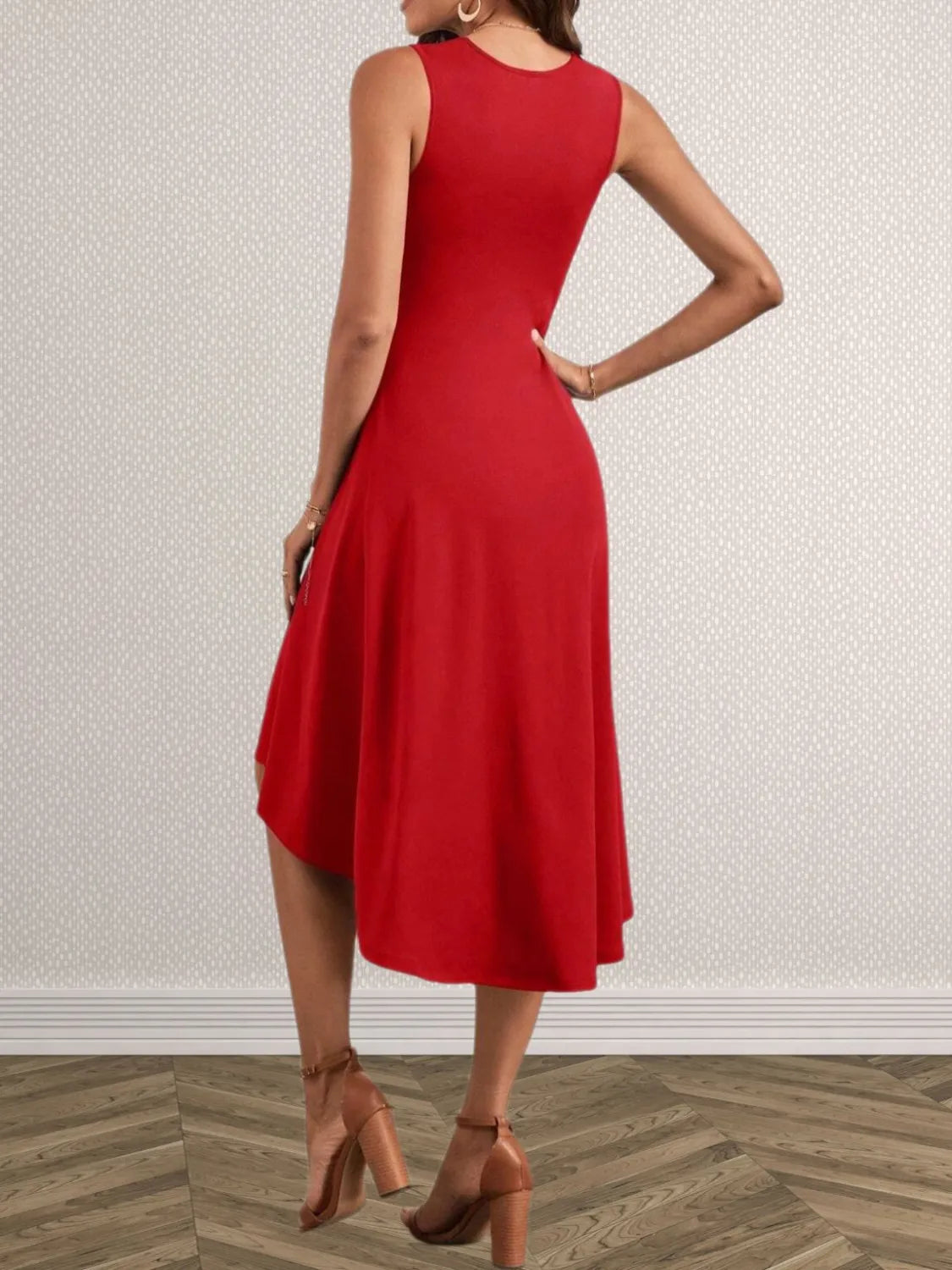 Ruched Round Neck High-Low Dress
