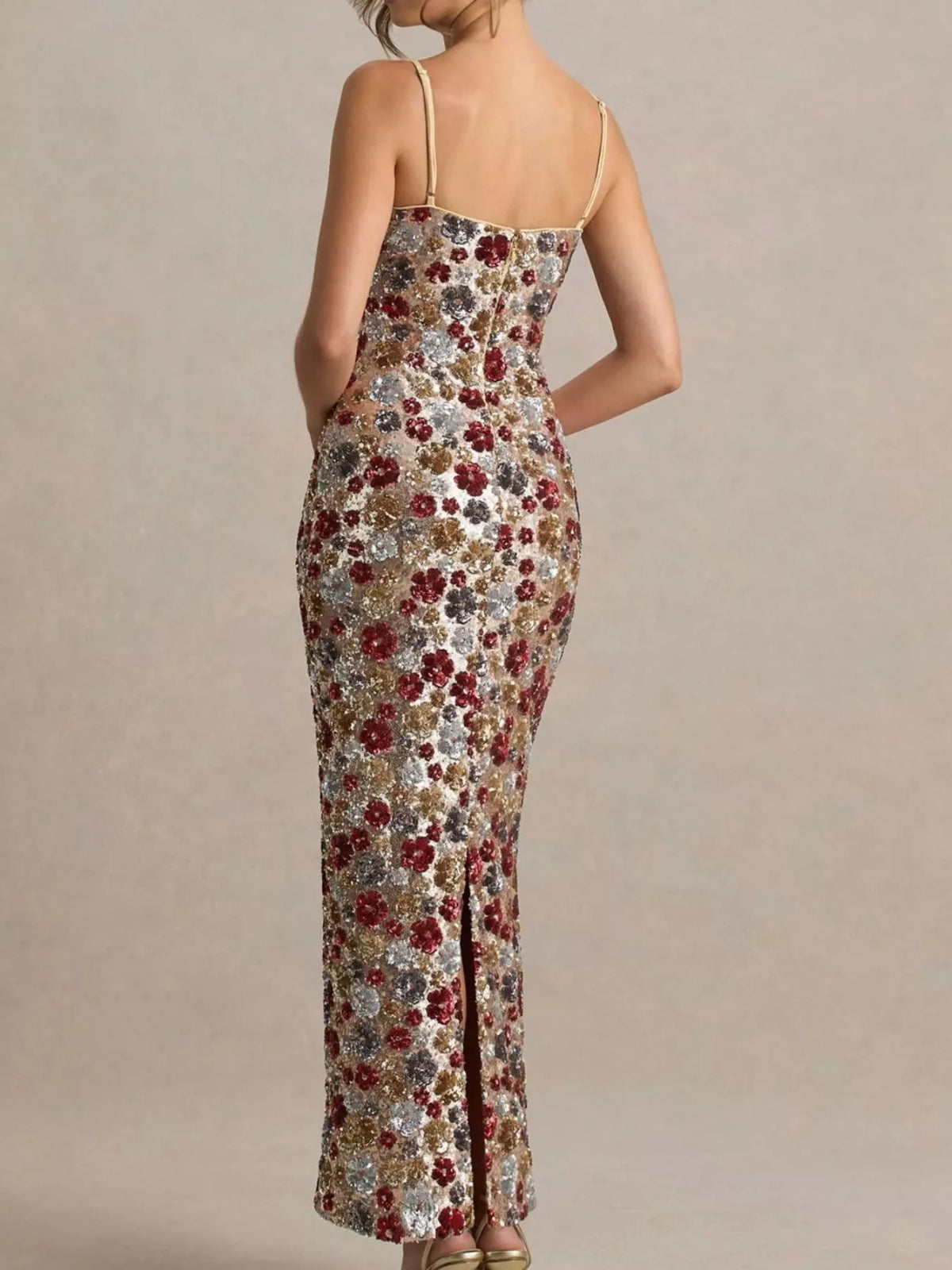 Slit Floral Sequin Bodycon Maxi Dress in Multicolor