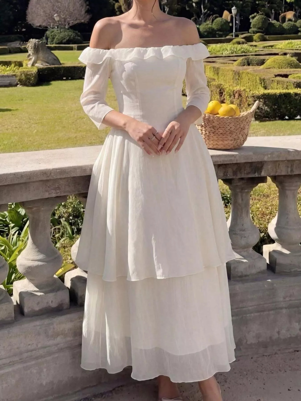 Off-Shoulder Layered Midi Dress in Cream