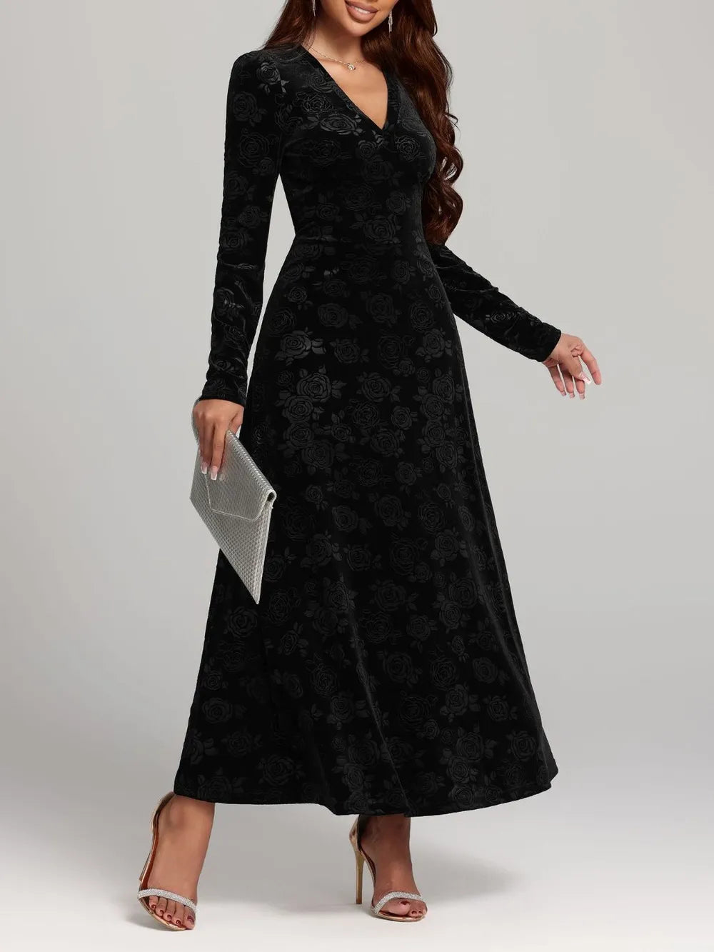 Rose Print V-Neck Dress in Black