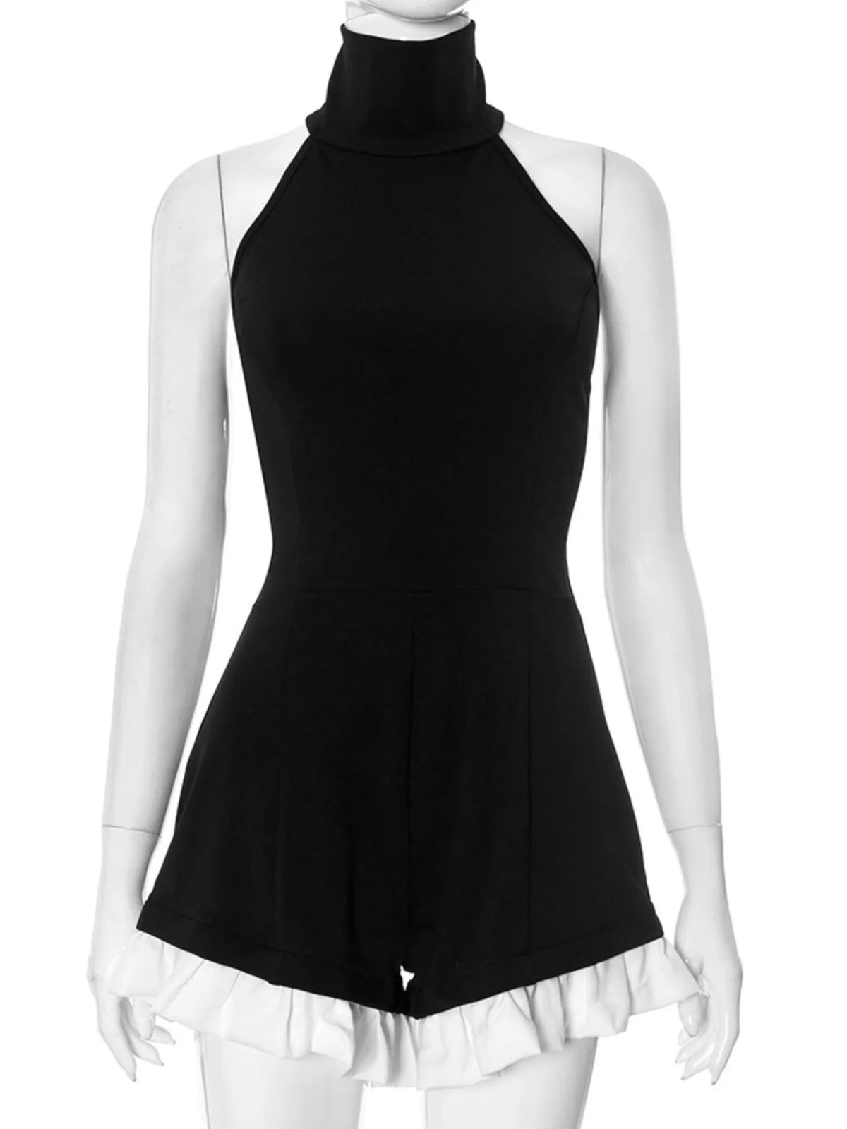 Halter Neck Ruffled Hem Romper in Black