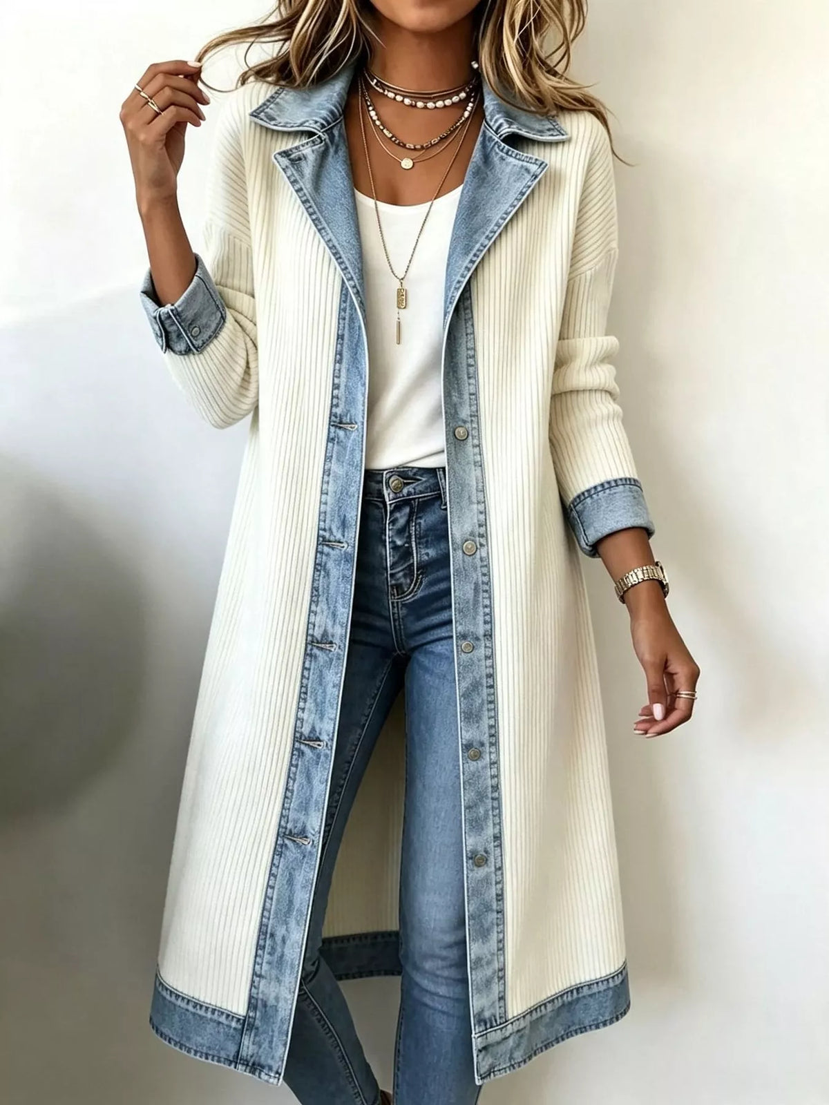 Denim-Trimmed Longline Cardigan