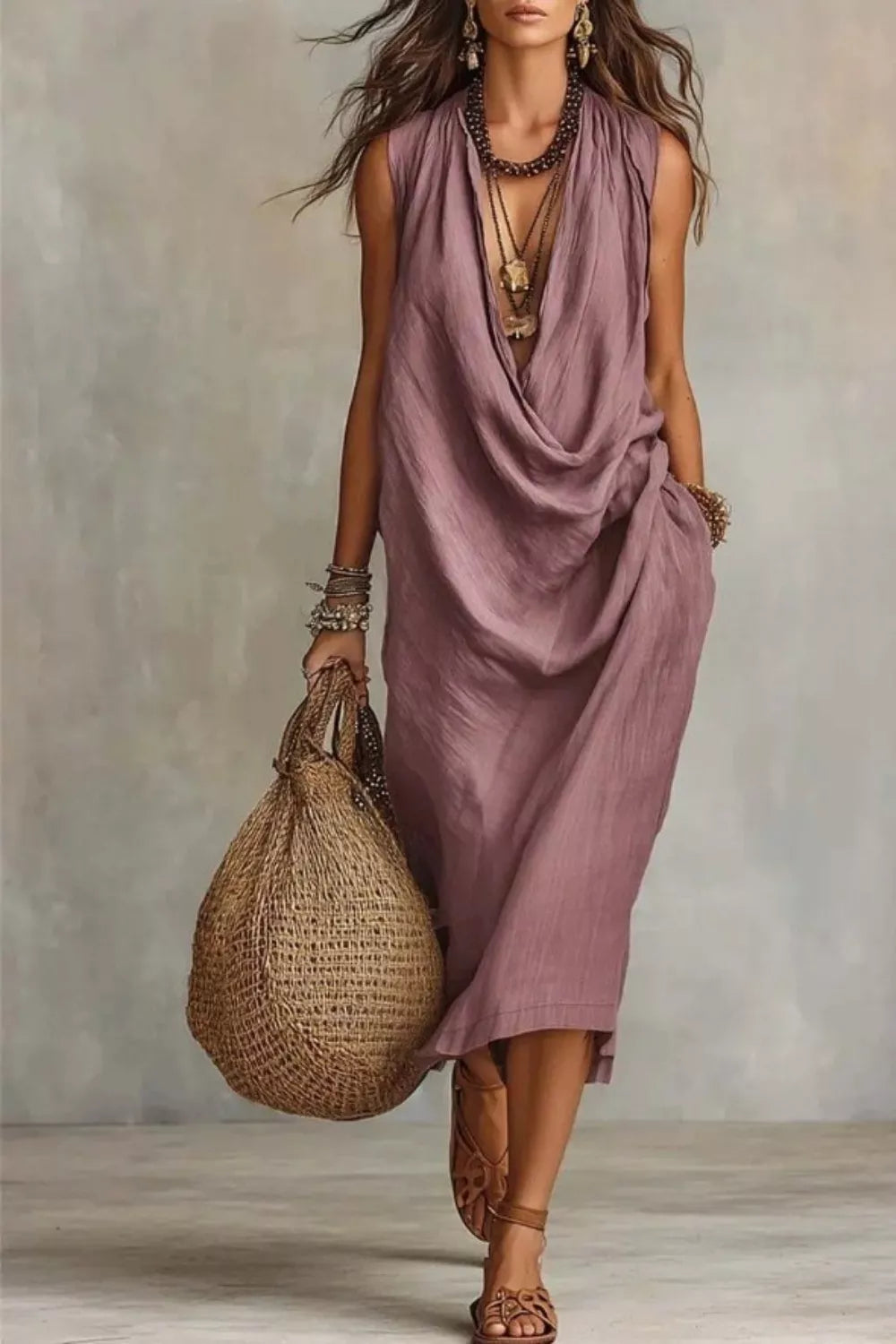 Sleeveless Drape-Neck Midi Dress with Pockets
