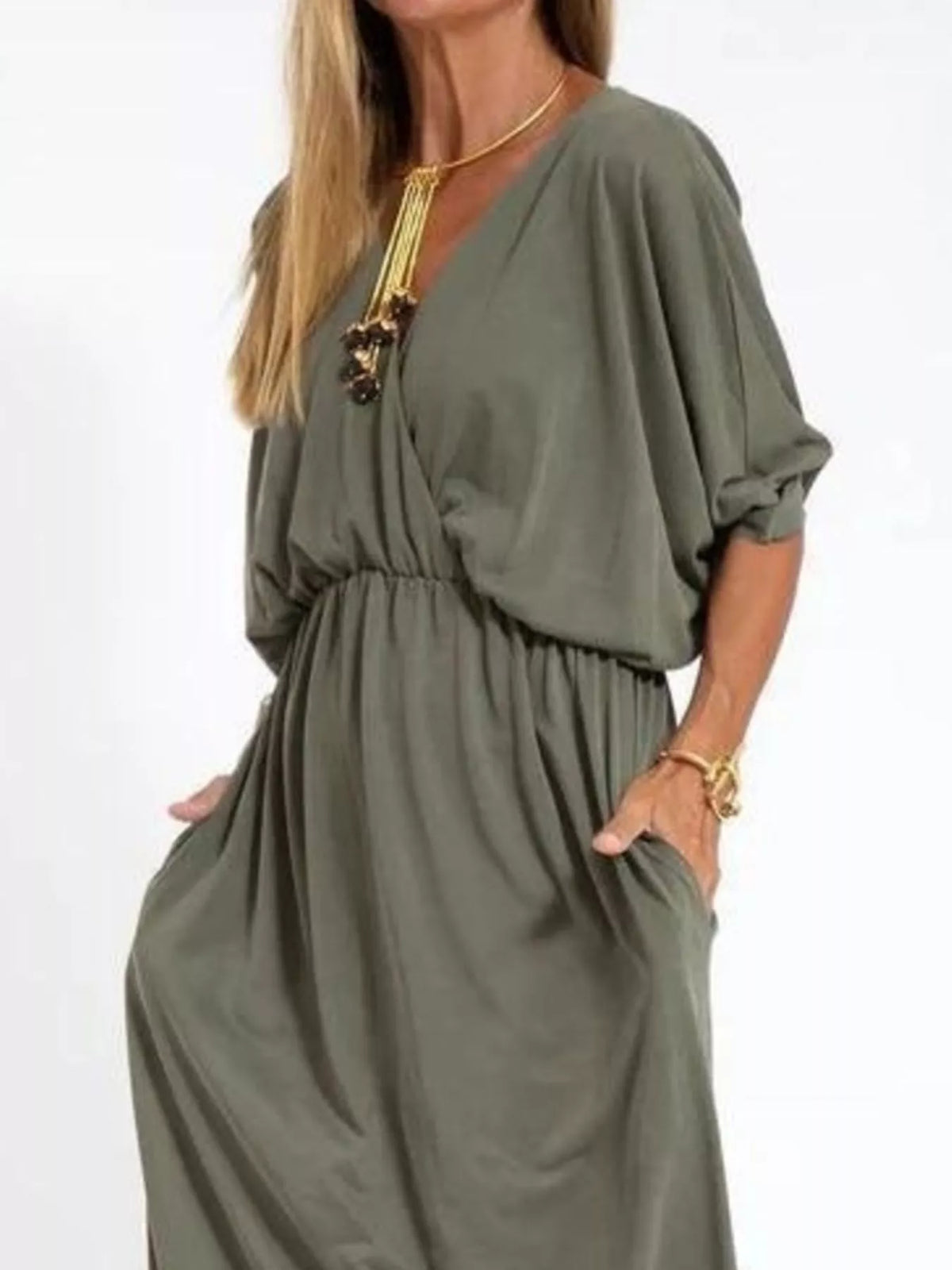 V-Neck Batwing Sleeve Maxi Dress with Pockets