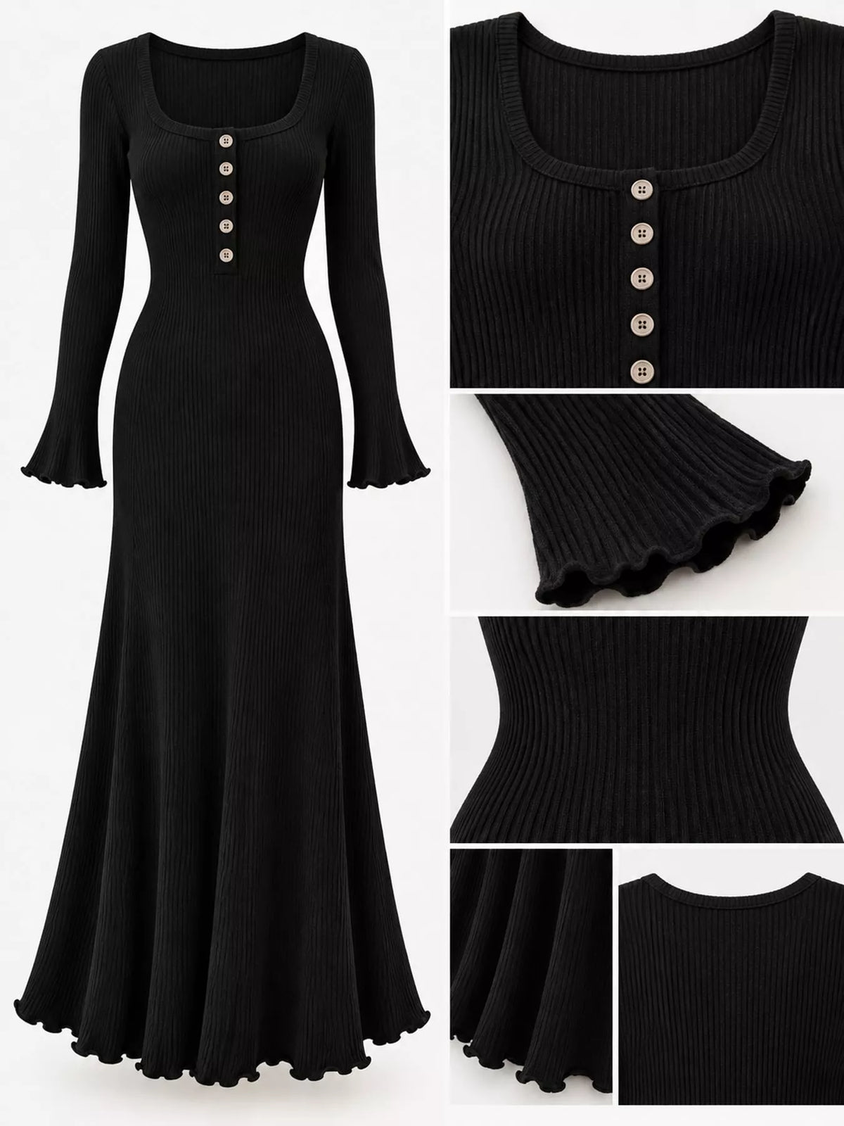 Button-Front Ribbed Knit Maxi Dress