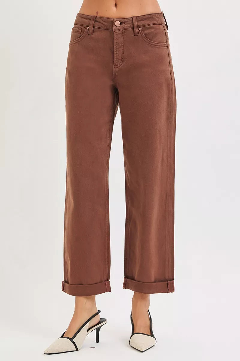 Risen Mid Rise Ankle Barrel Jeans in Cocoa