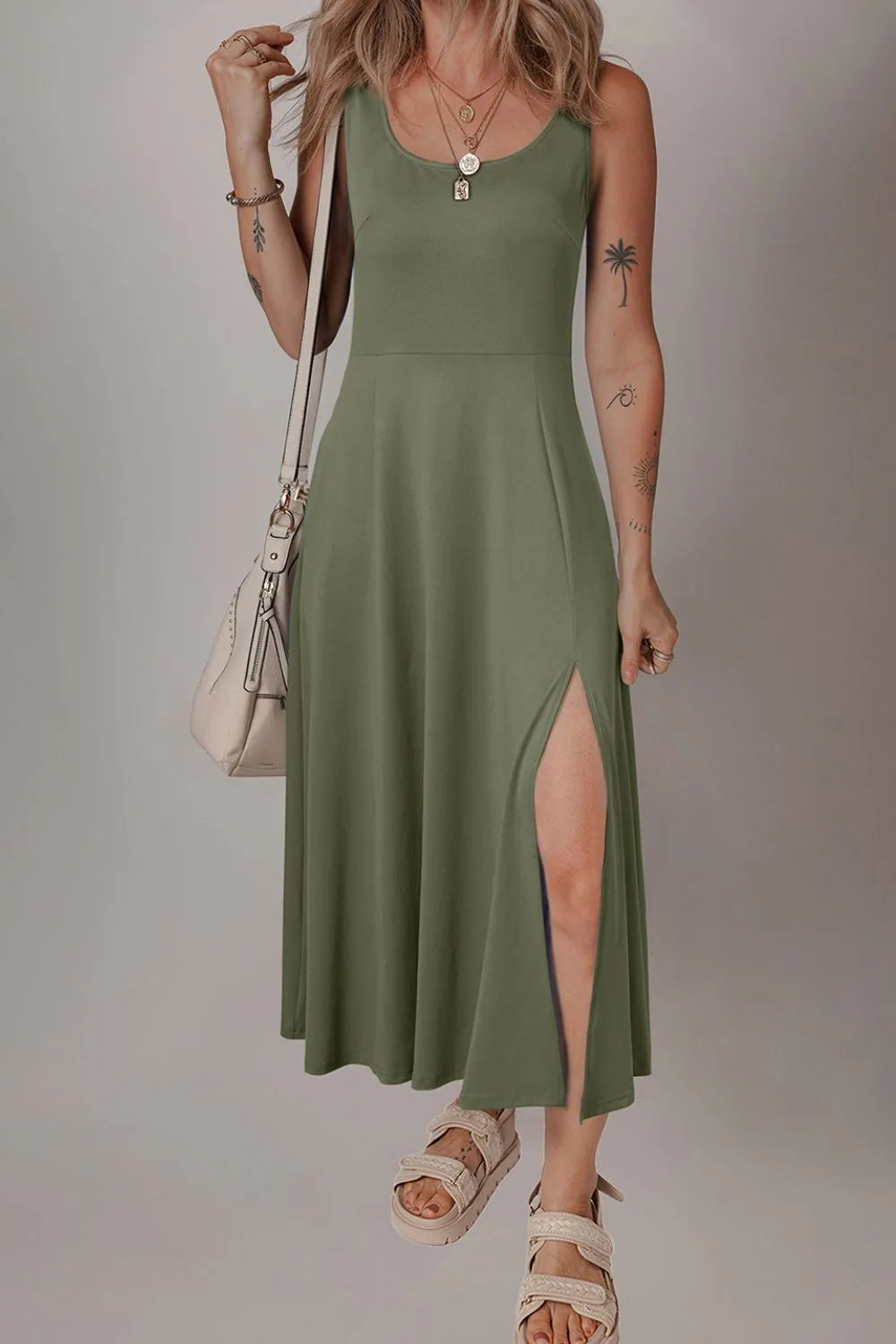 Scoop Neck Wide Strap Dress with Side Slit