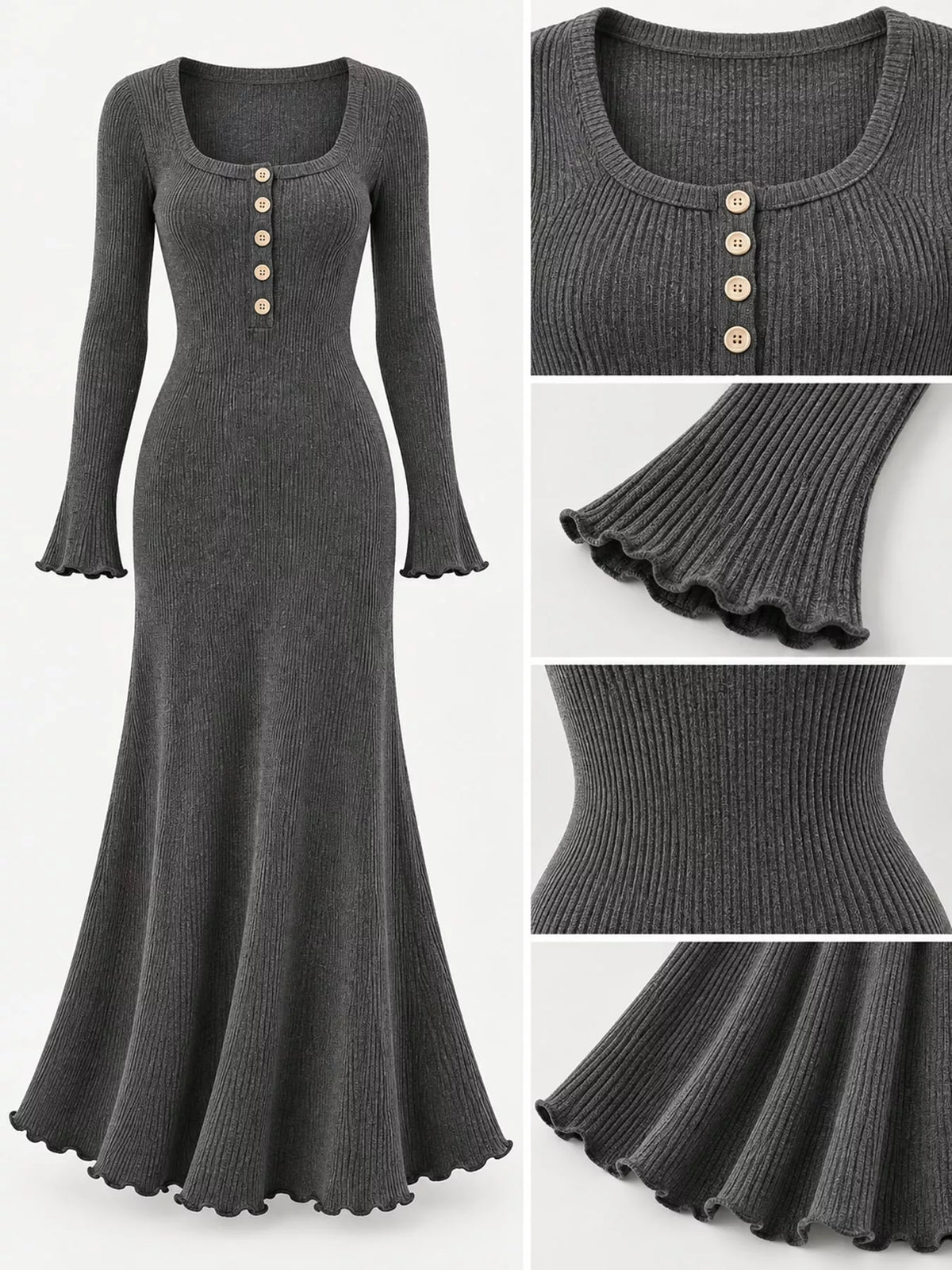 Button-Front Ribbed Knit Maxi Dress