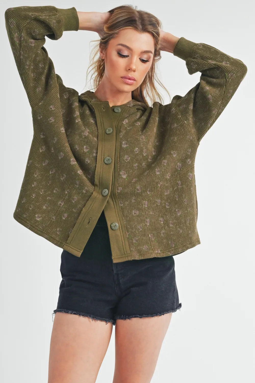 Floral Button-Up Hooded Jacket in Olive