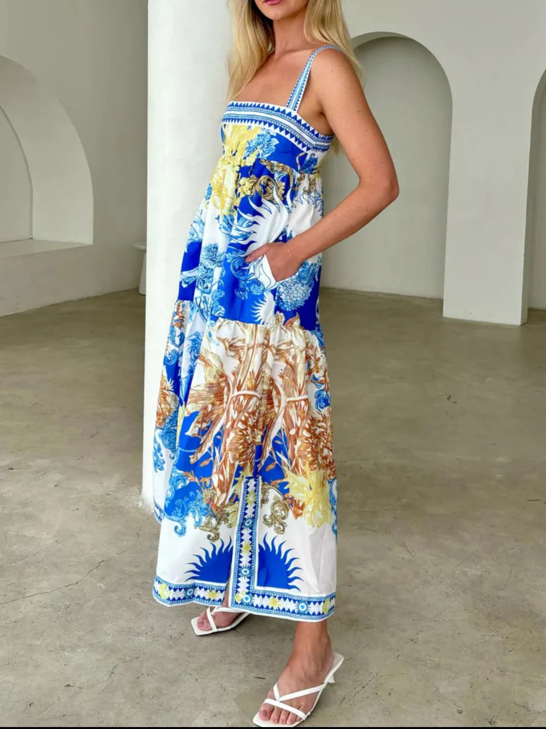 Printed Sleeveless Cami Dress in Blue