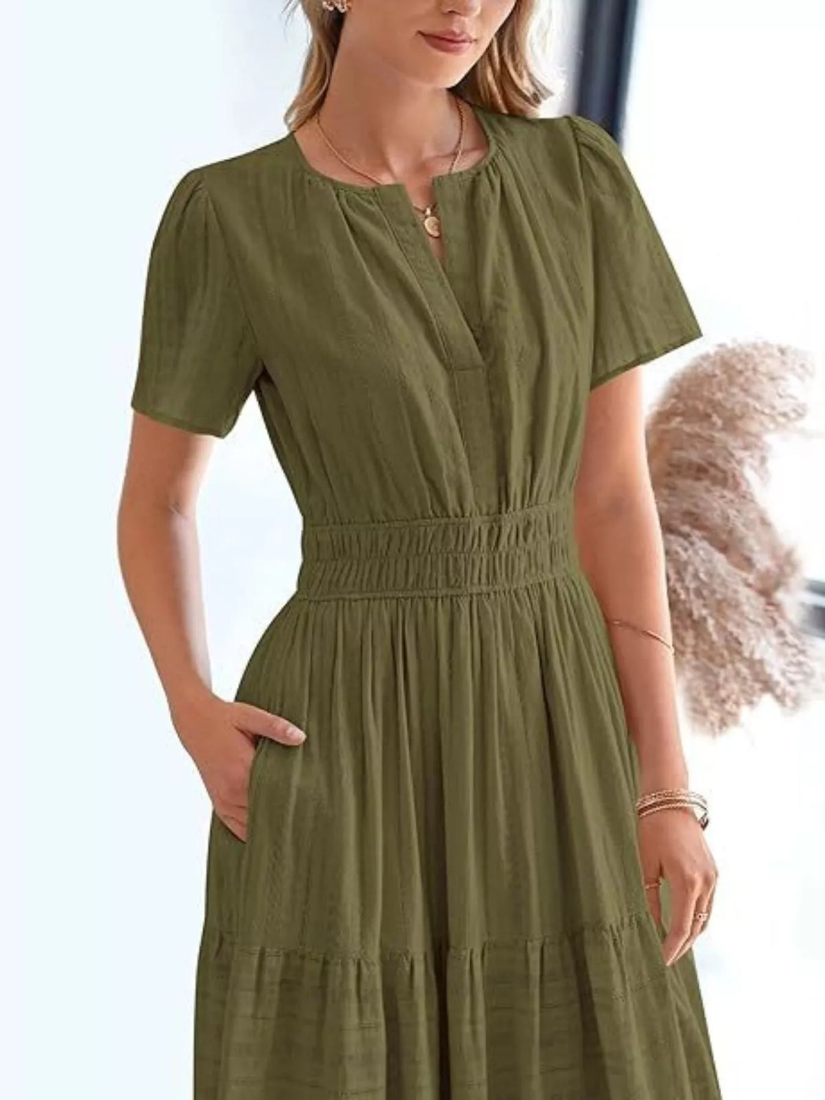 Short Sleeve Tiered Midi Dress with Pockets