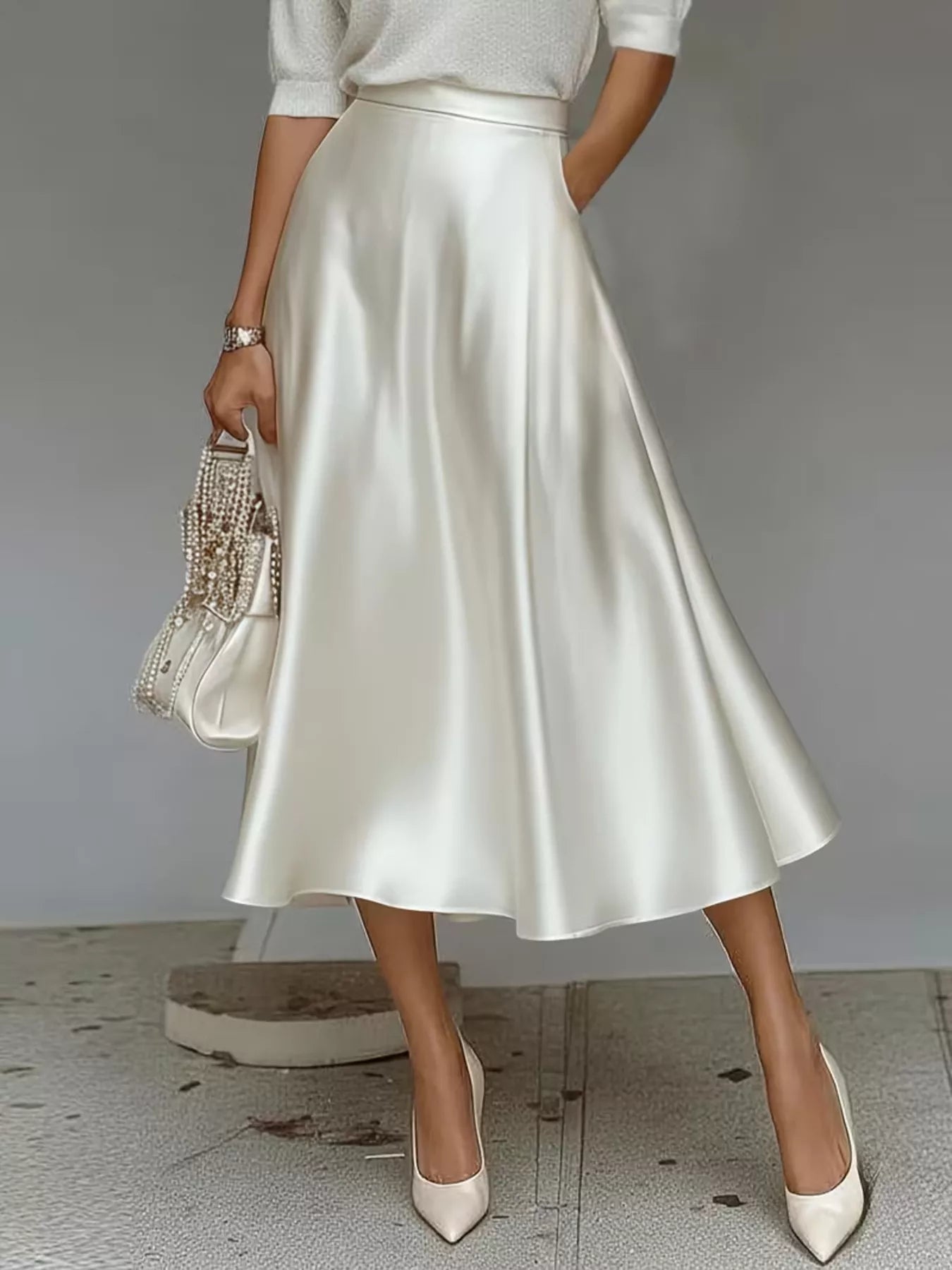 Satin Midi Skirt with Pockets