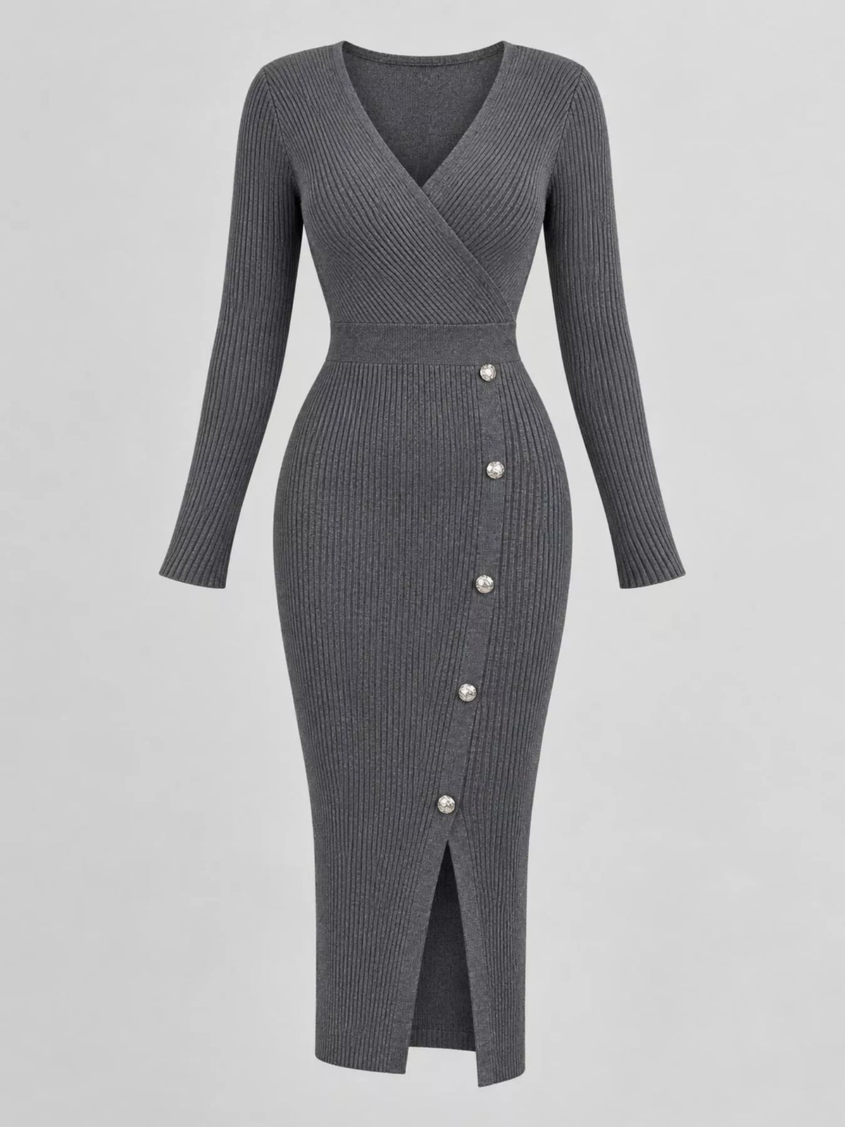 Decorative Button Ribbed Knit Sweater Dress