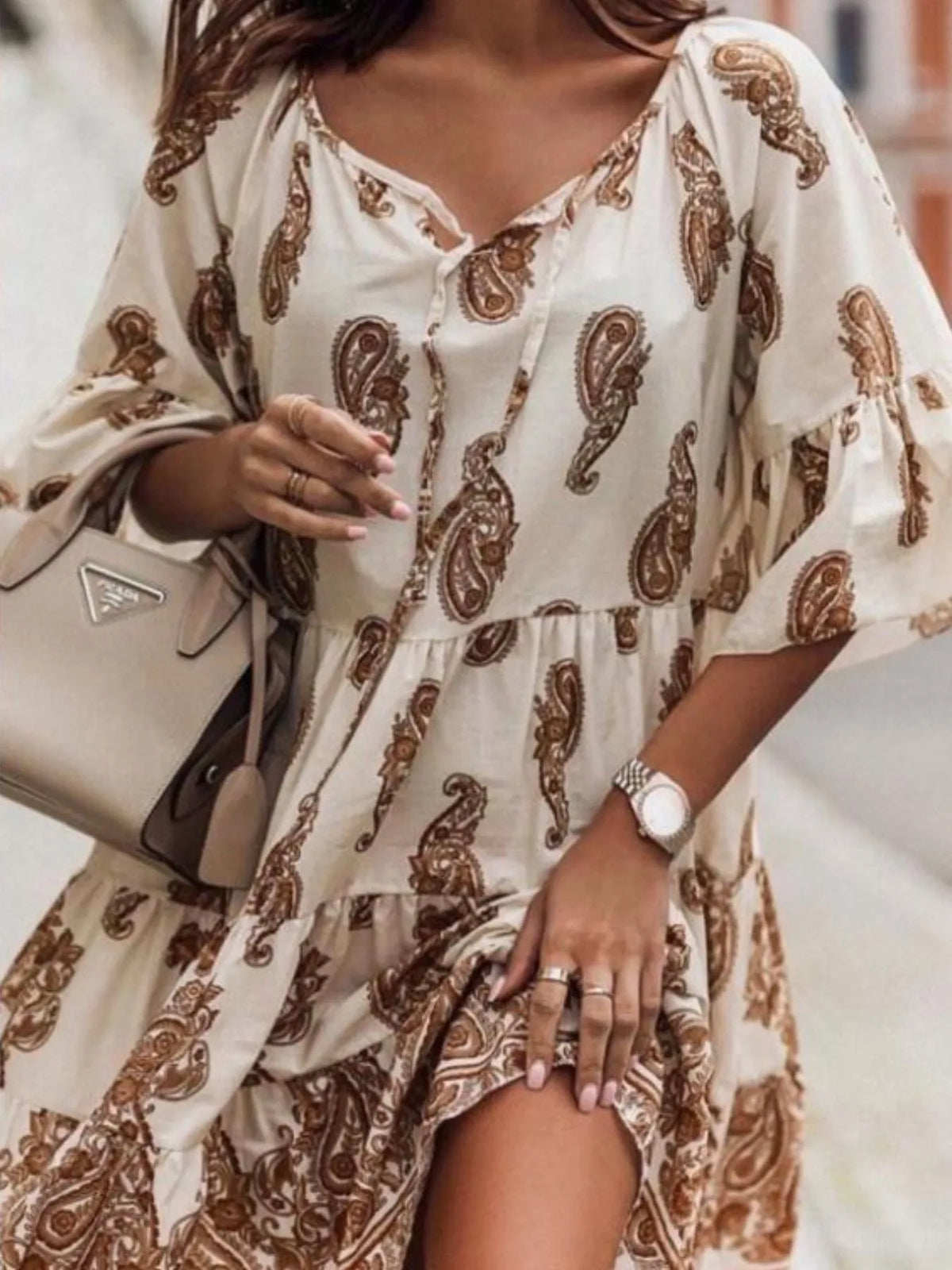 Paisley Tie-Neck Ruffled Half Sleeve Mini Dress