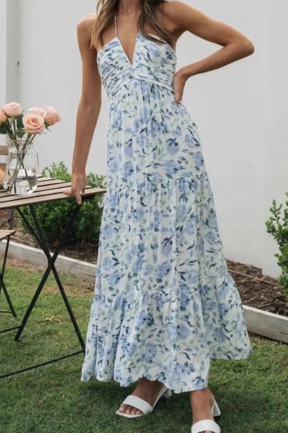Floral Halter Tiered Maxi Dress in Watermelon Pink