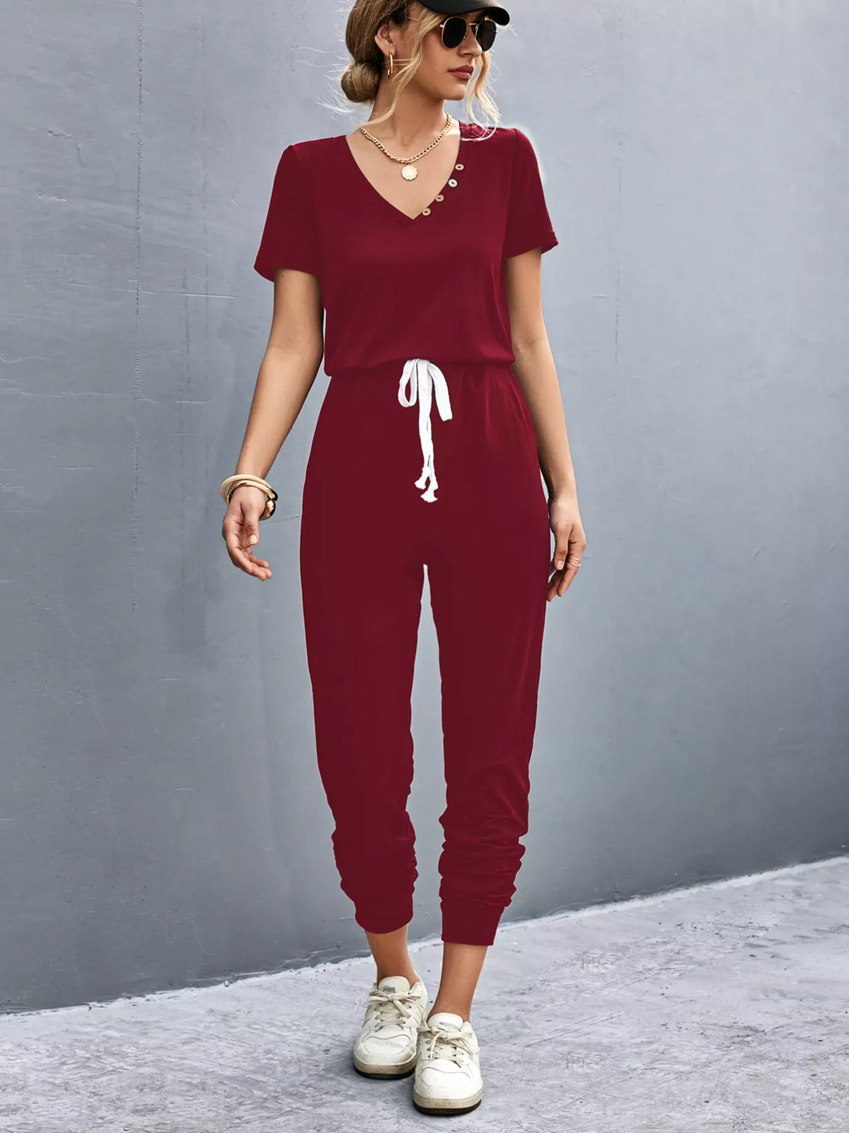 V-Neck Drawstring Waist Jumpsuit in Burgundy