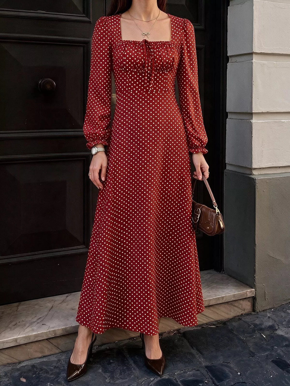 Square Neck Polka Dot Maxi Dress in Red