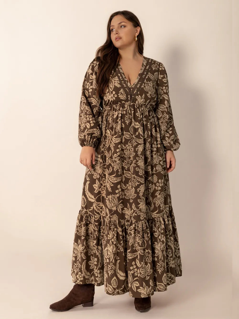 Printed V-Neck Balloon Sleeve Dress in Camel