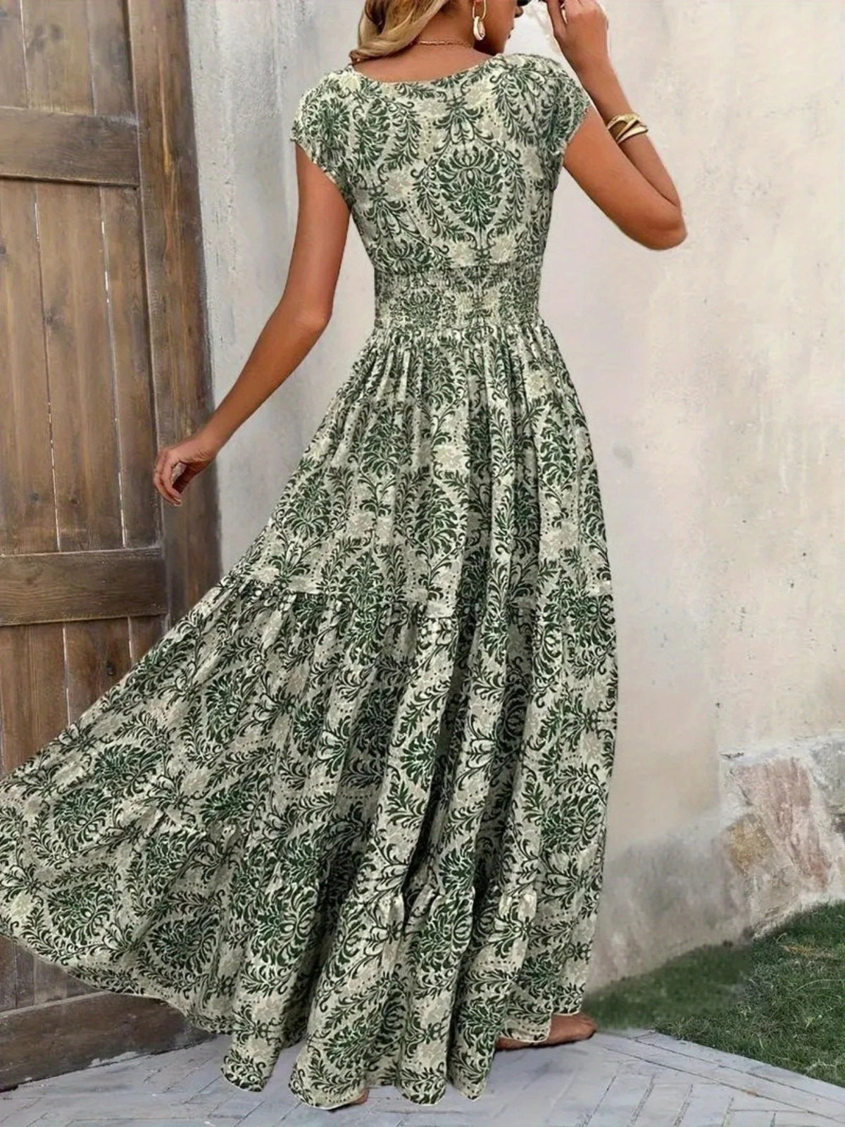 Printed Cap Sleeve Tiered Maxi Dress