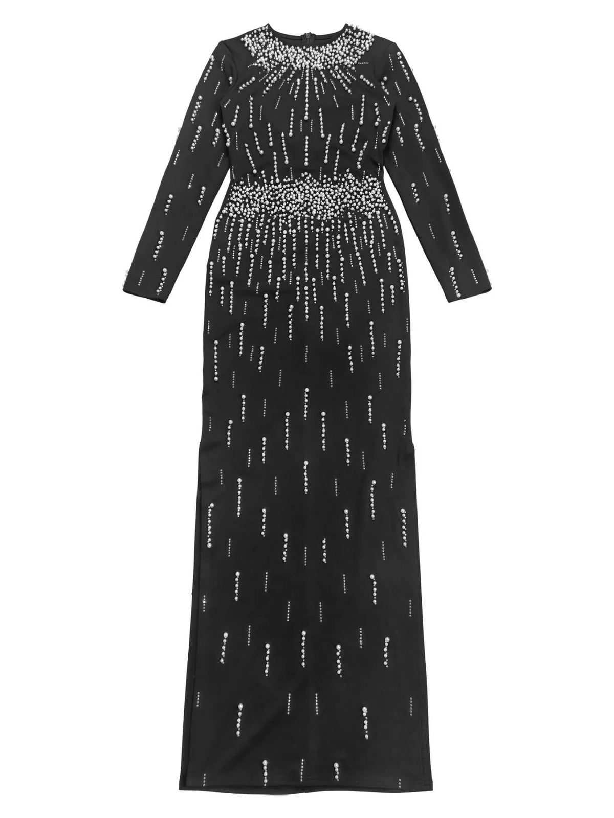 Pearl Detail Long Sleeve Maxi Dress in Black