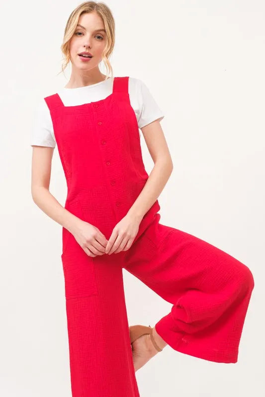 And The Why Gauze Tied-Back Overalls in Red