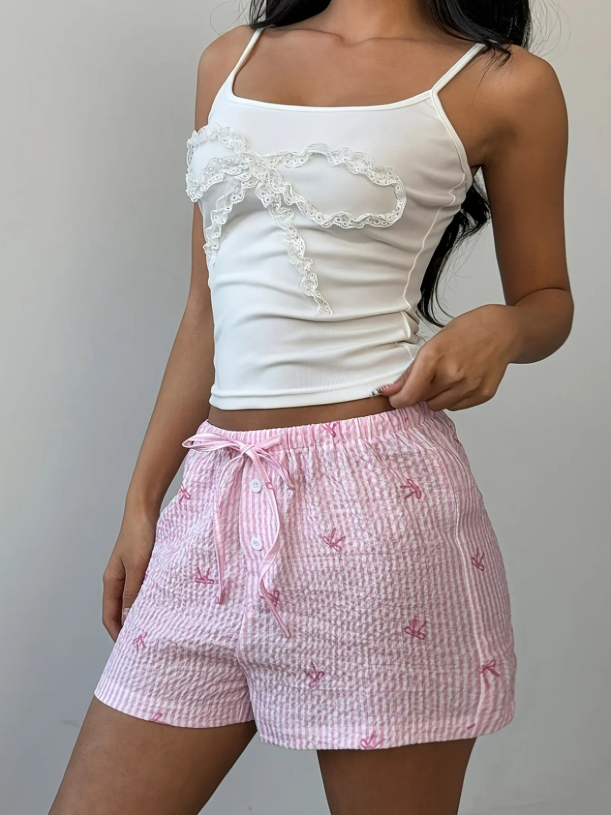 Bow Drawstring Striped Shorts in Pink Plaid