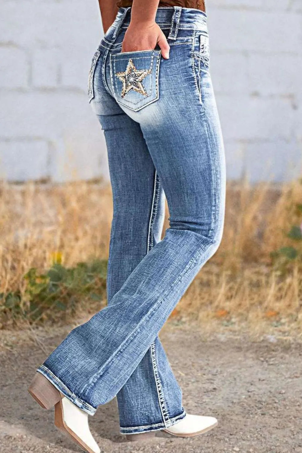 Star Embroidered Bootcut Jeans in Light Wash