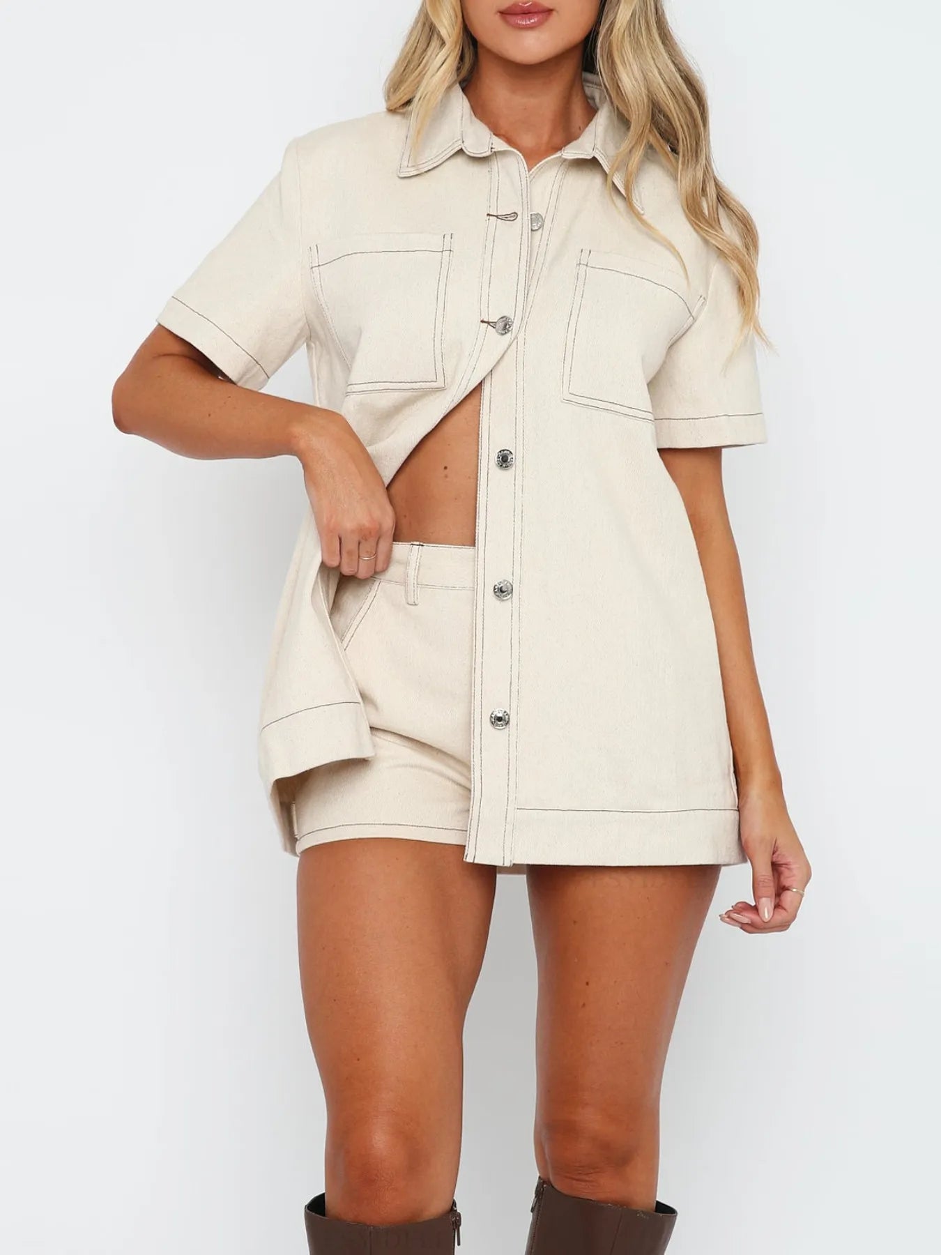 Button-Up Short-Sleeve Top and Shorts Denim Set