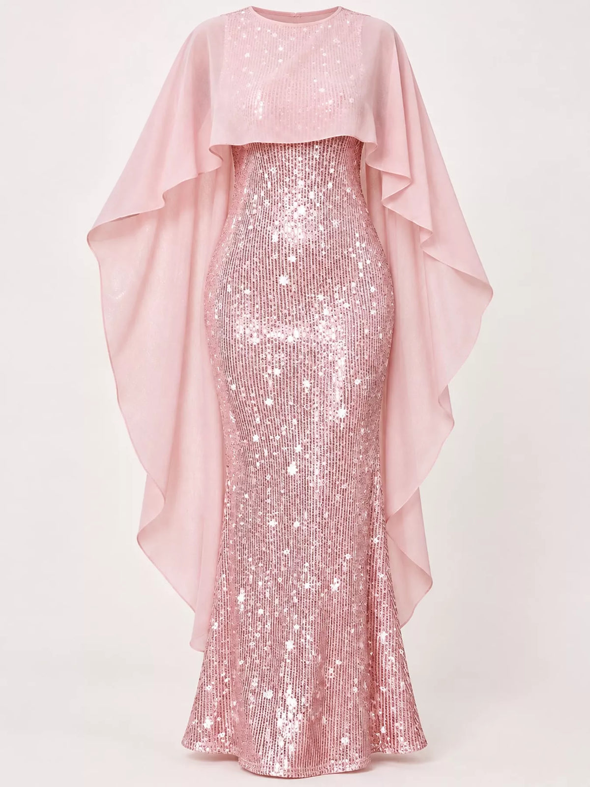 Sequin Cape-Overlay Evening Dress