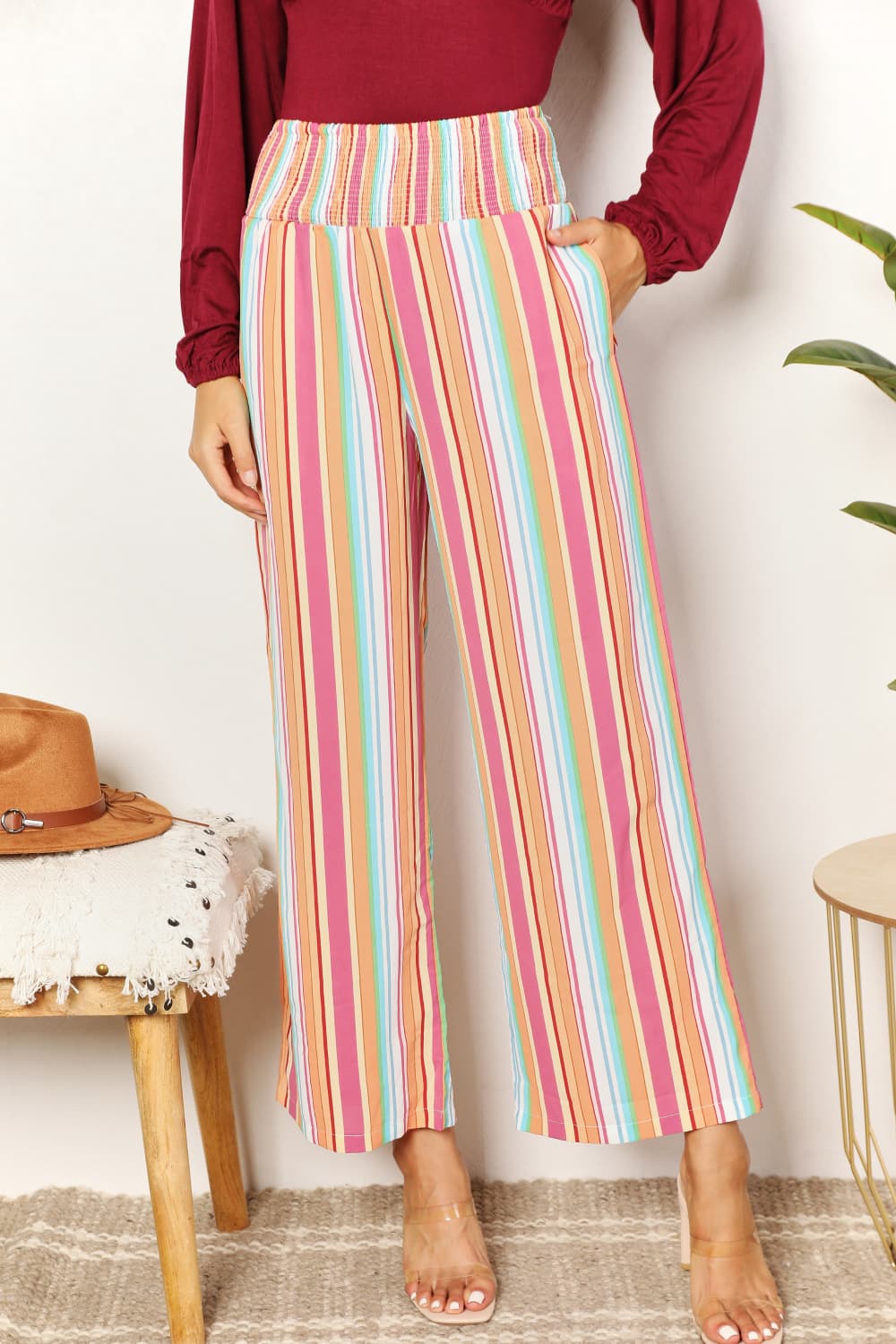 Double Take Striped Smocked Waist Pants with Pockets in Multicolor