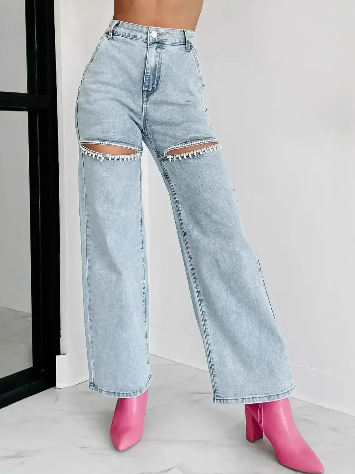 High Waist Cut-Out Wide Leg Jeans in Light Blue