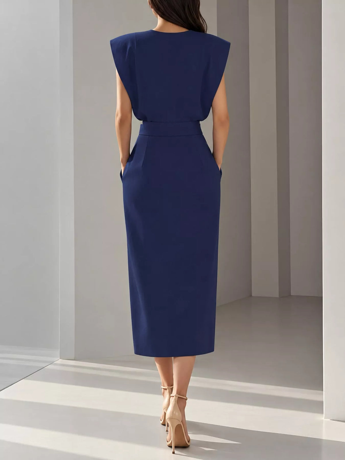 Sleeveless Midi Dress with Gold Button Detail