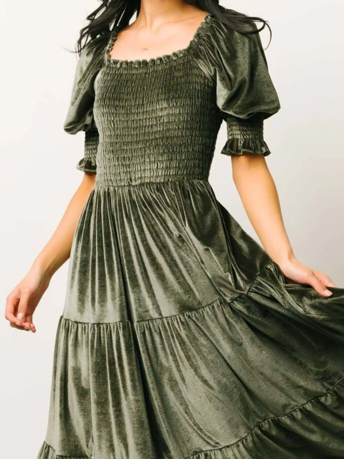 Smocked Half-Sleeve Tiered Midi Dress