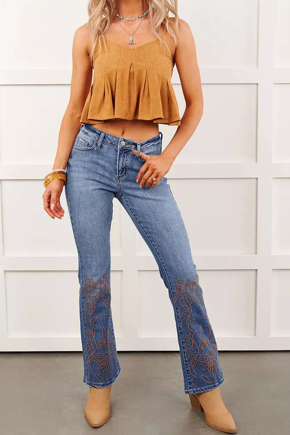 Embroidered Flare Leg Jeans in Medium Wash