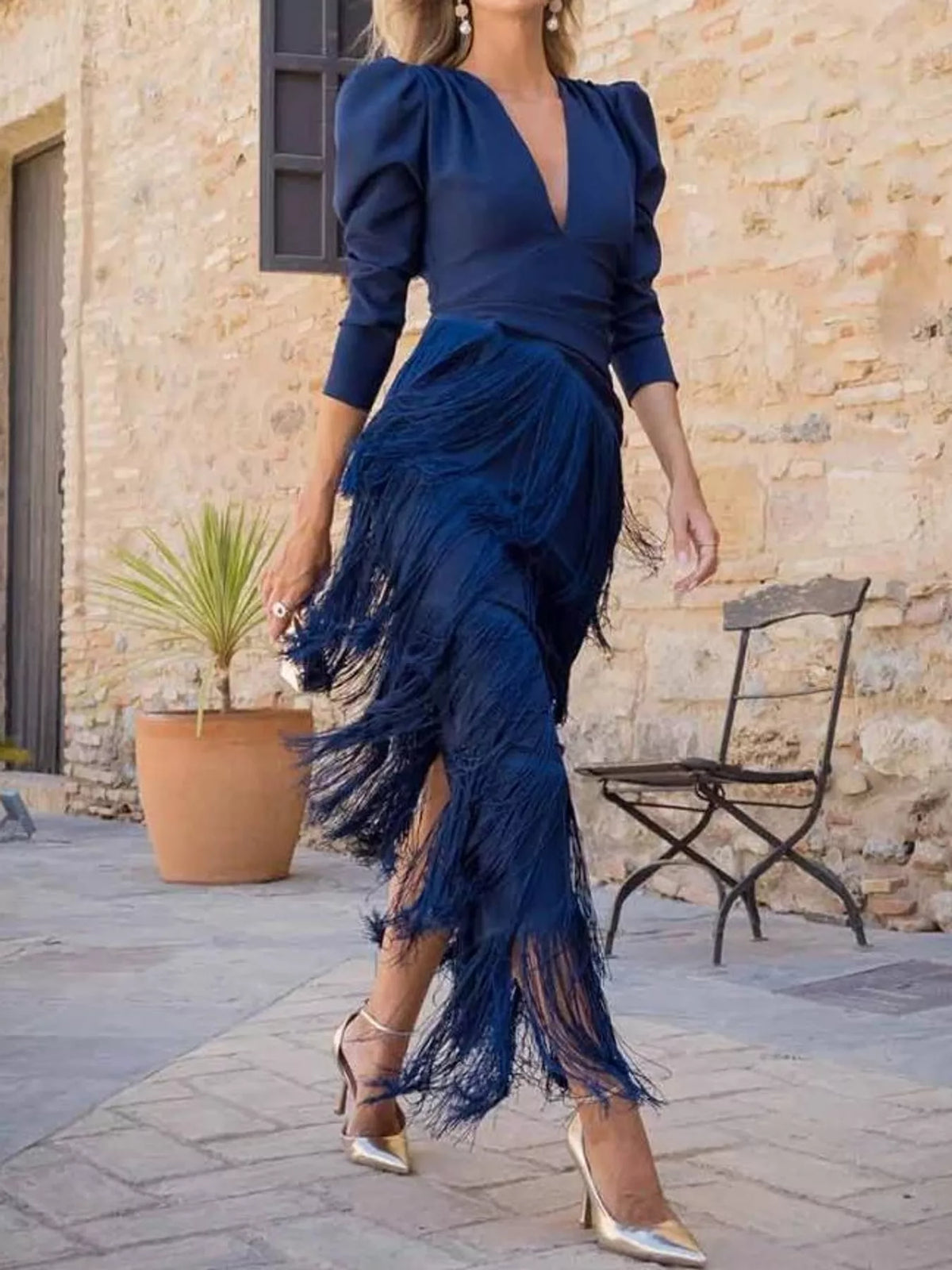 Fringed V-Neck Puff Sleeve Maxi Dress