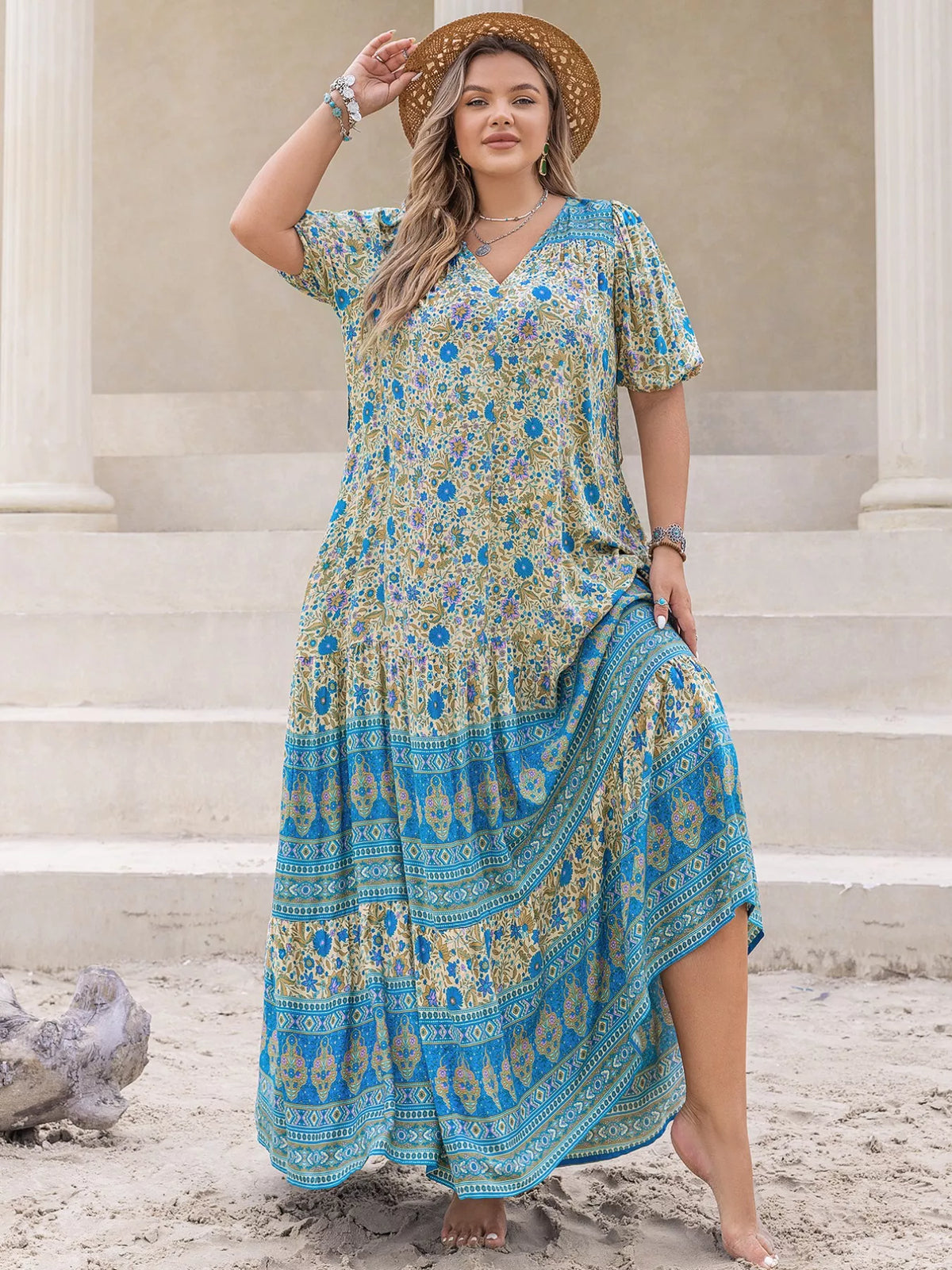 V-Neck Floral Print Maxi Dress in Sky Blue