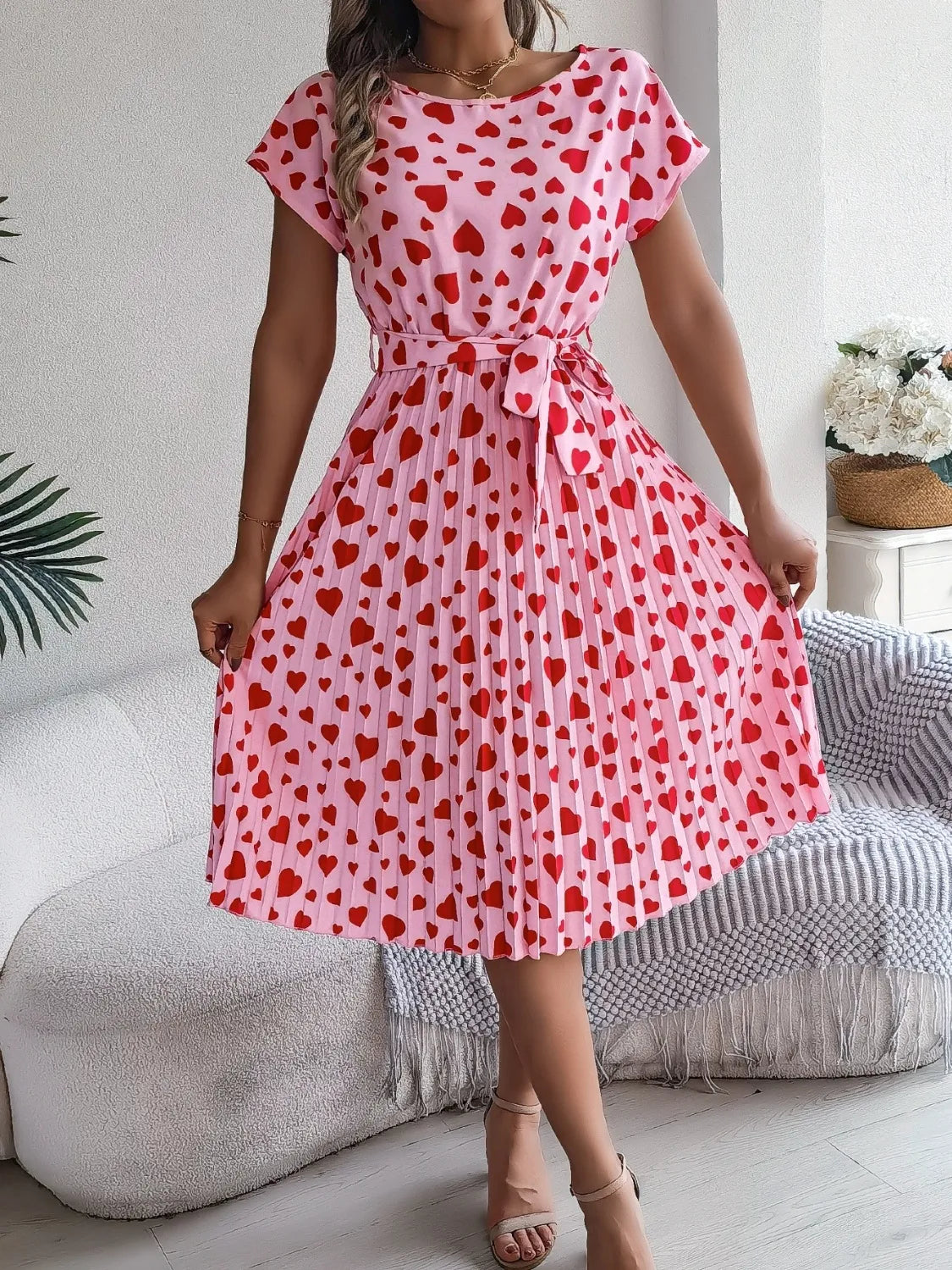 Heart Print Tie Waist Dress