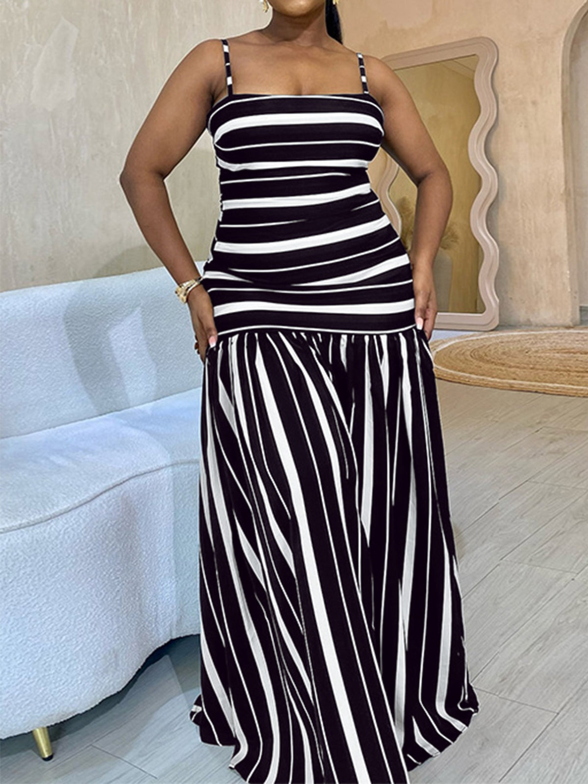 Plus Size Striped Spaghetti Strap Maxi Dress in Black