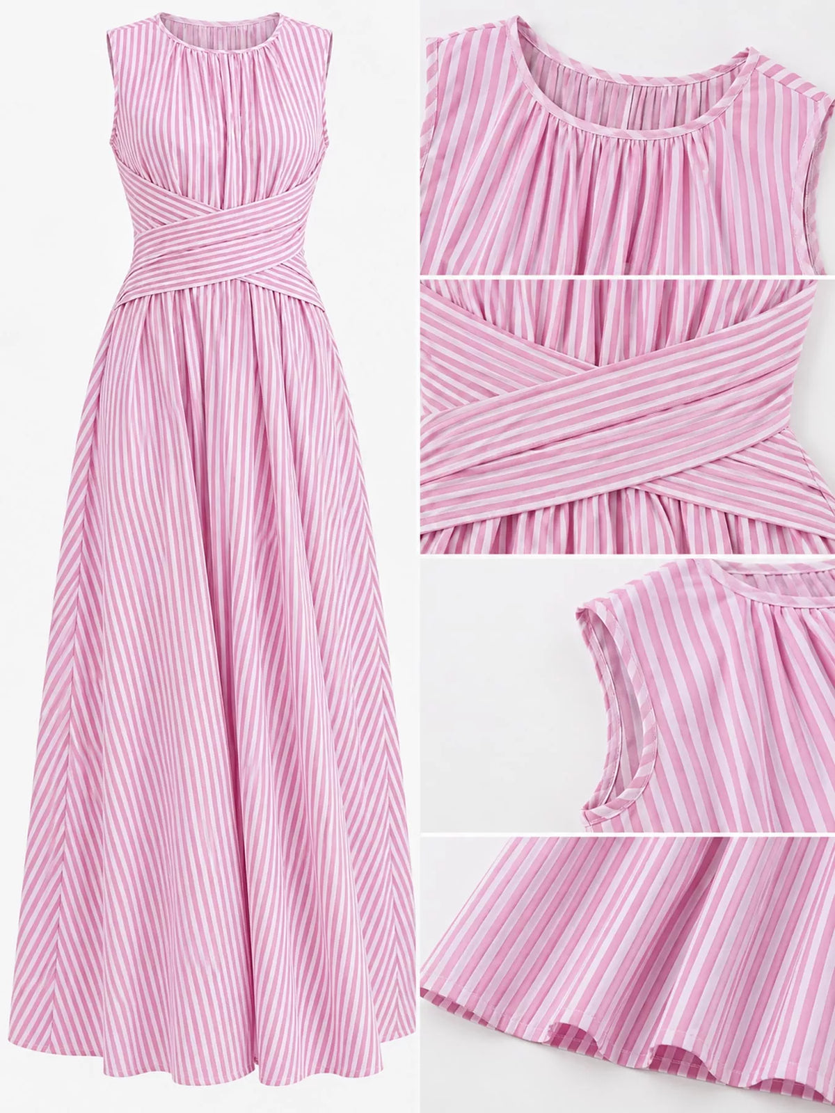Sleeveless Striped Maxi Dress with Criss-Cross Waist