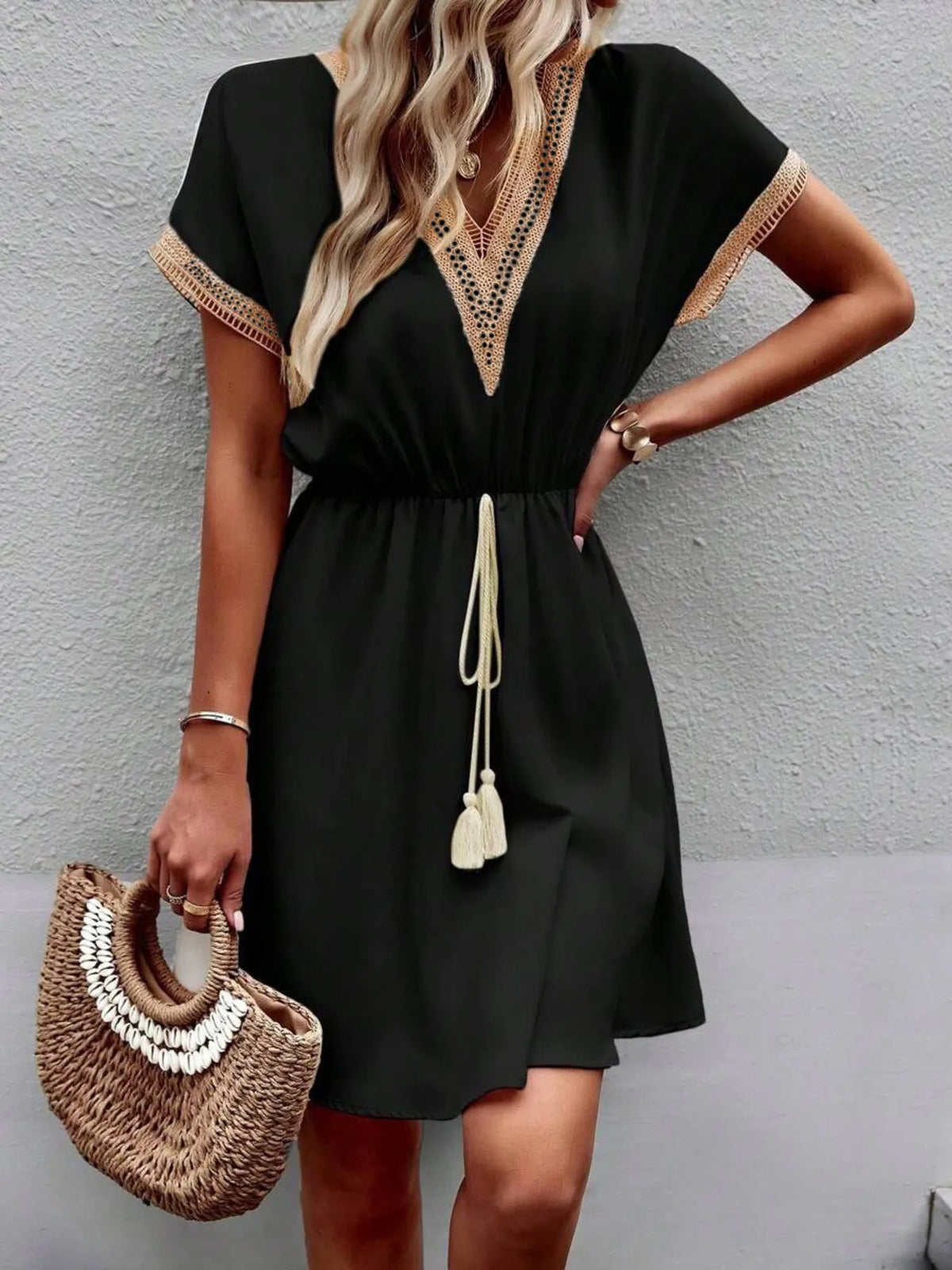 Tied V-Neck Short Sleeve Mini Dress